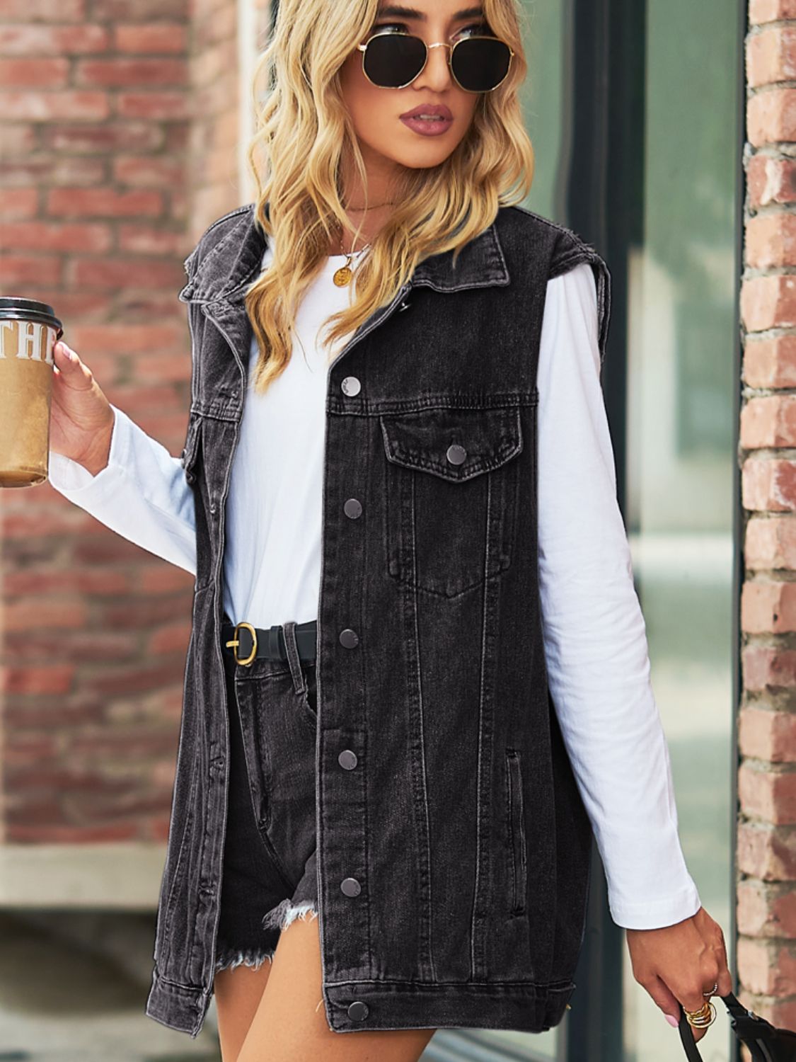 Honeybee Mumford's Collared Neck Sleeveless Denim Top with Pockets