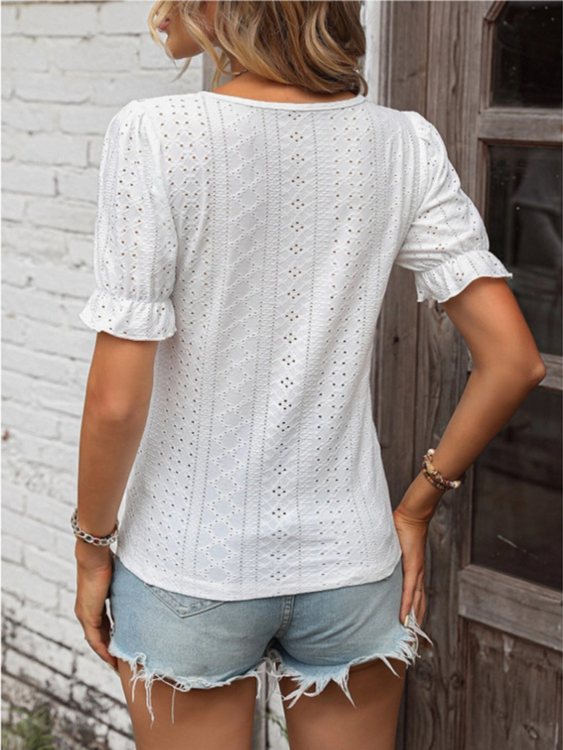 Honeybee Mumford's Eyelet Lace Detail V-Neck Flounce Sleeve Blouse