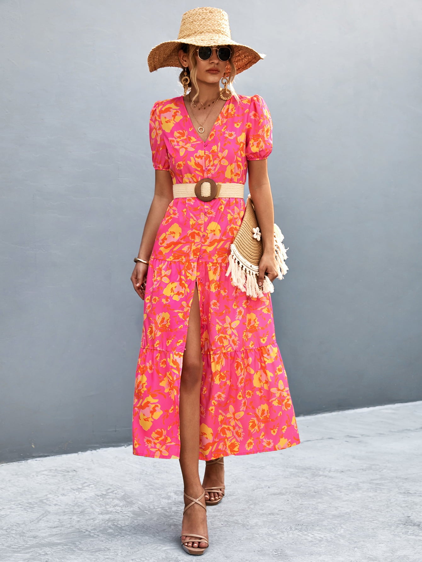 Honeybee Mumford's V-Neck Short Sleeve High Slit Midi Dress