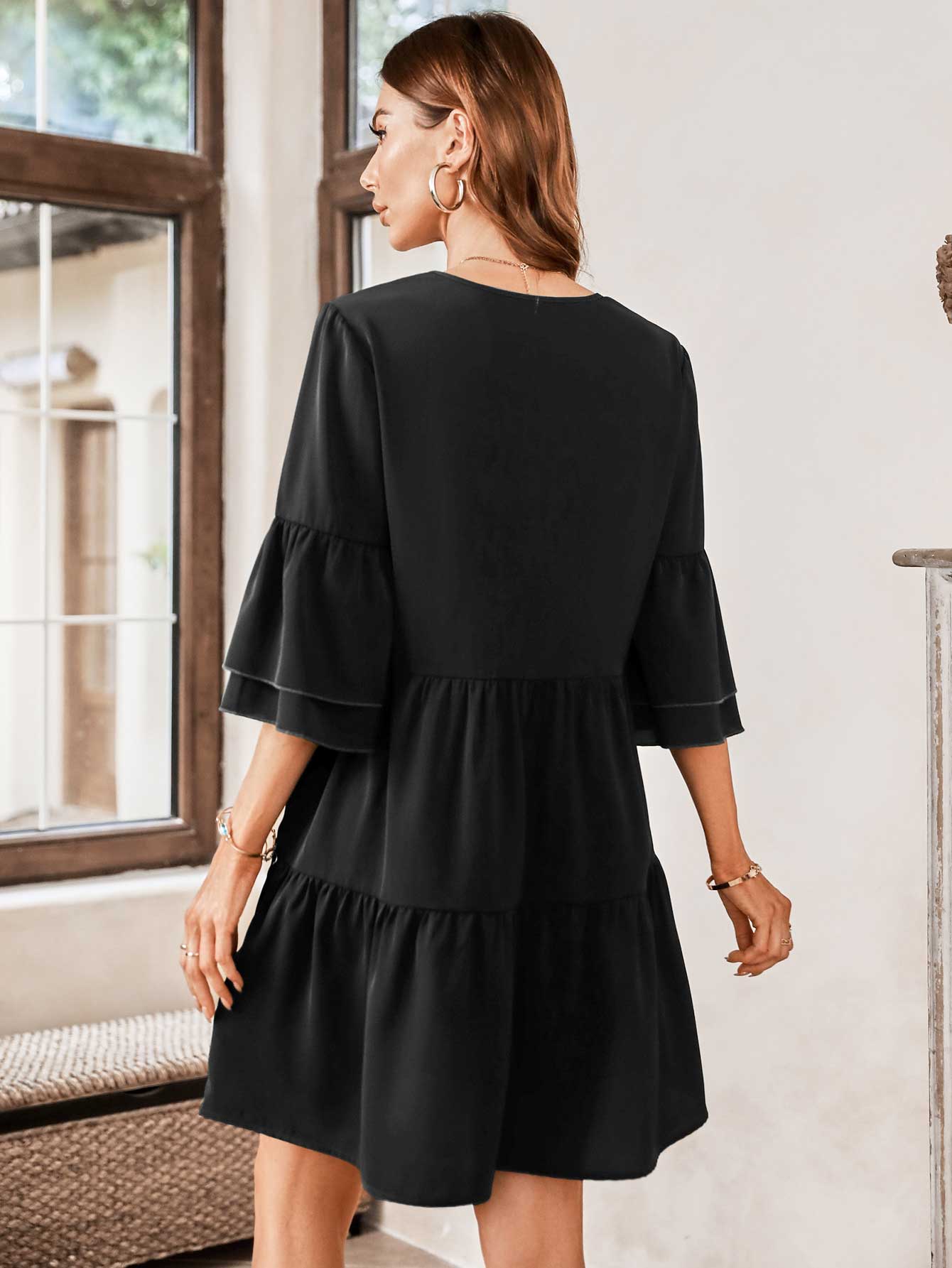 Honeybee Mumford's V-Neck Three-Quarter Flounce Sleeve Tiered Dress