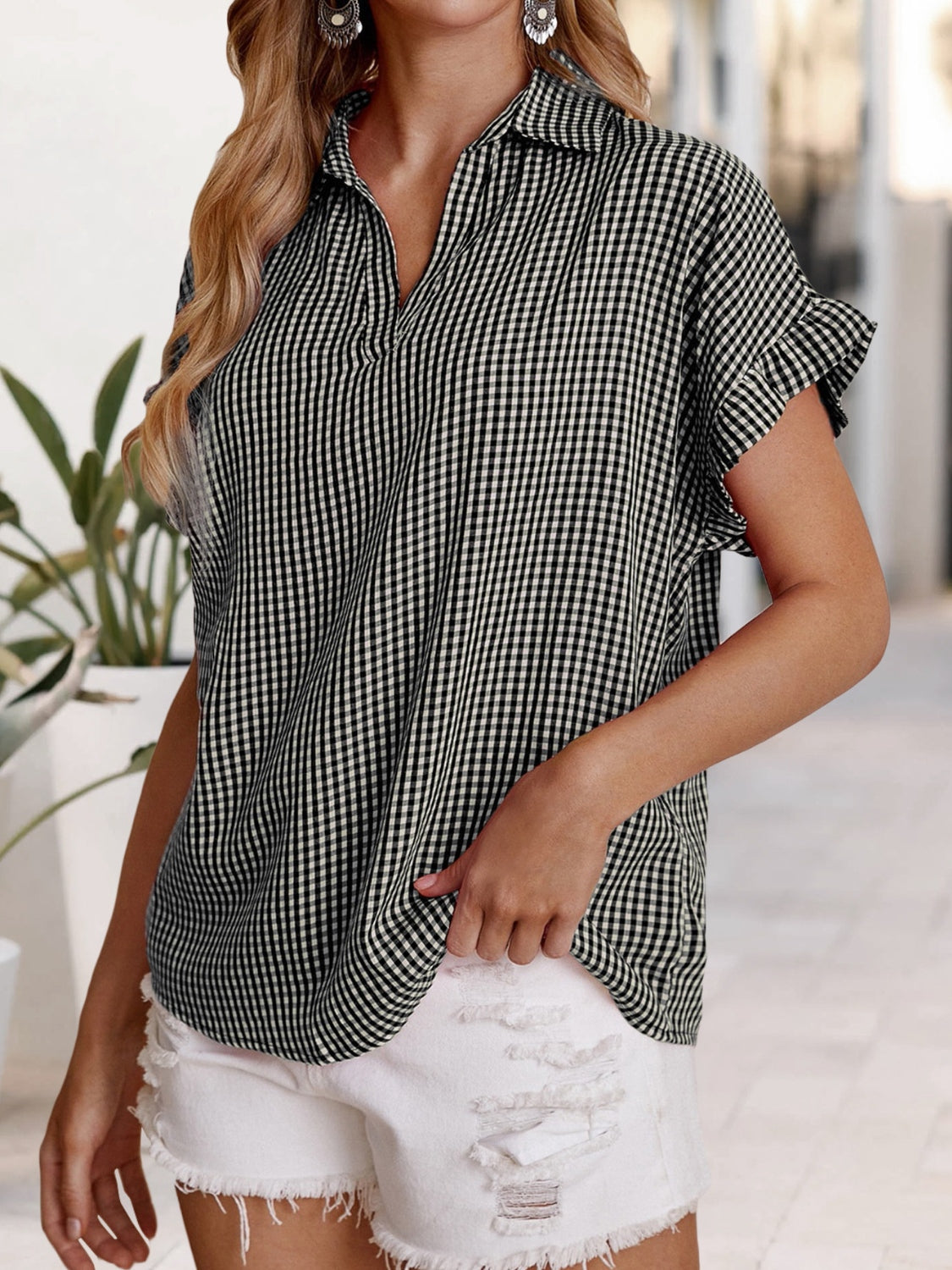 Honeybee Mumford's Plaid Notched Short Sleeve Blouse