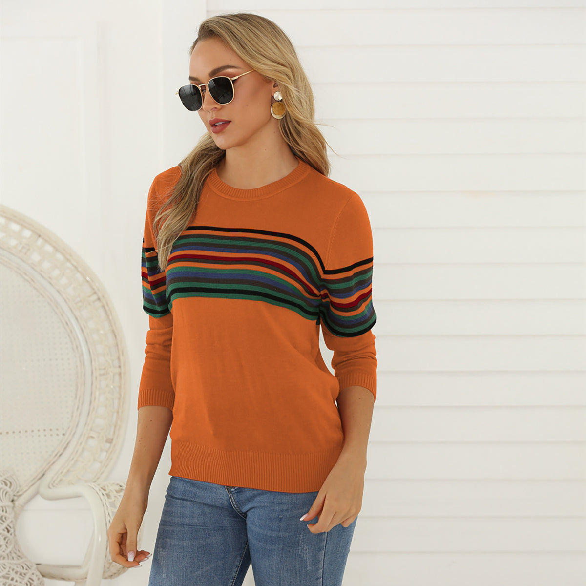 Honeybee Mumford's Striped Round Neck Long Sleeve Sweater