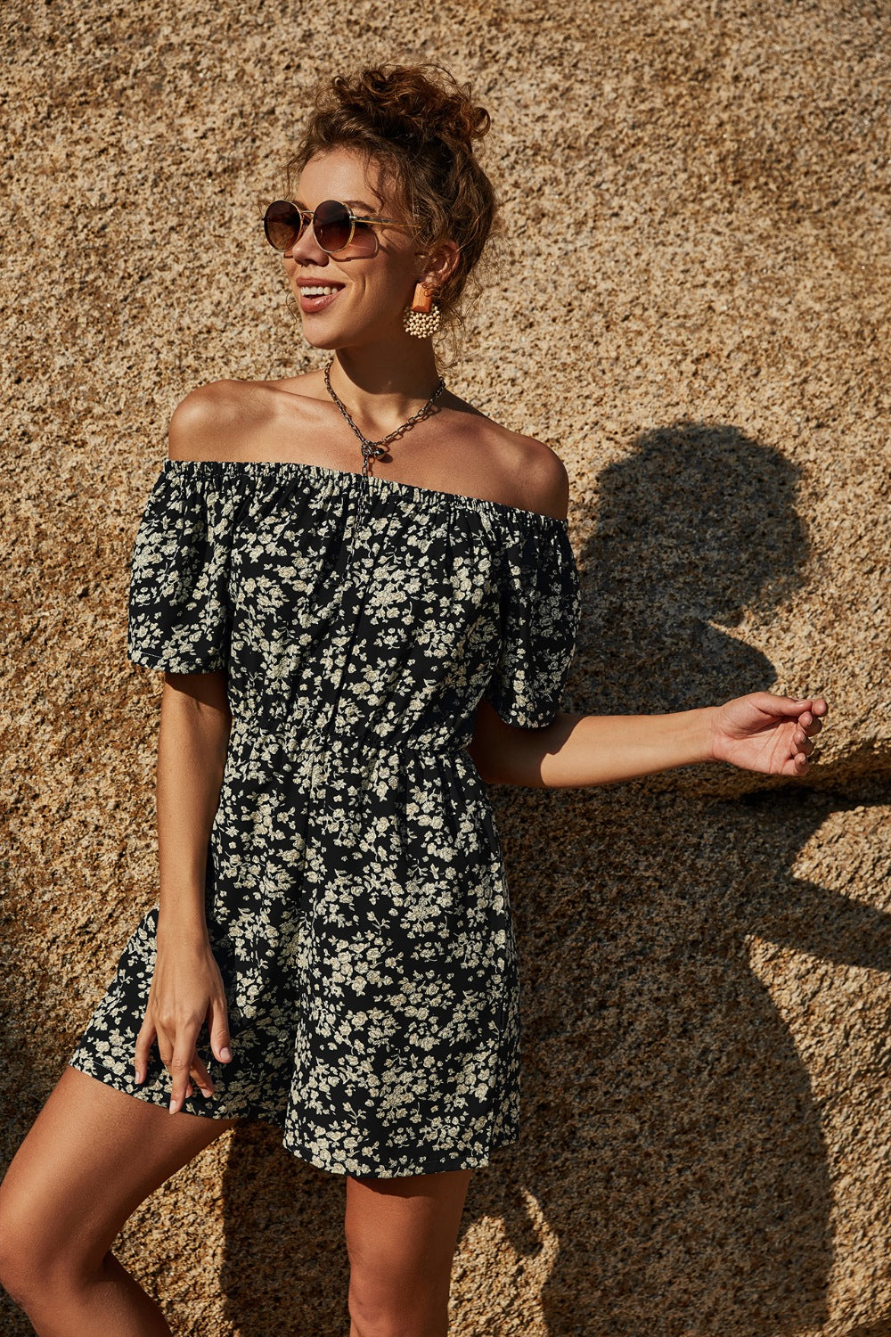 Honeybee Mumford's Printed Off-Shoulder Short Sleeve Romper