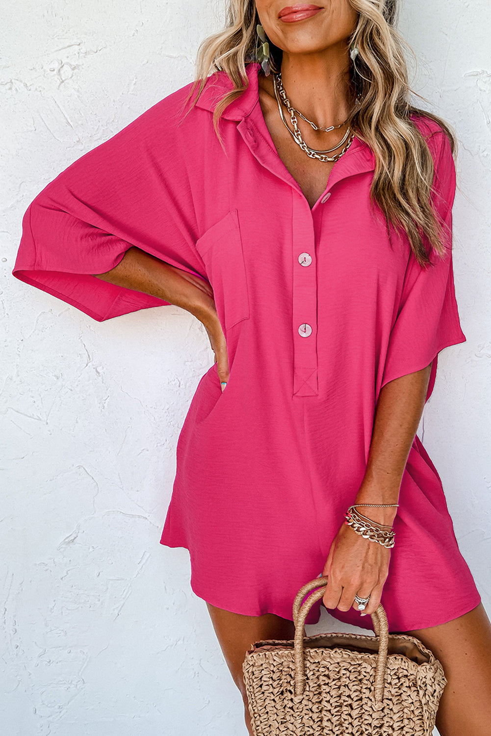 Honeybee Mumford's Honeybee Mumford's Bright Pink Half Button Collared Loose Romper