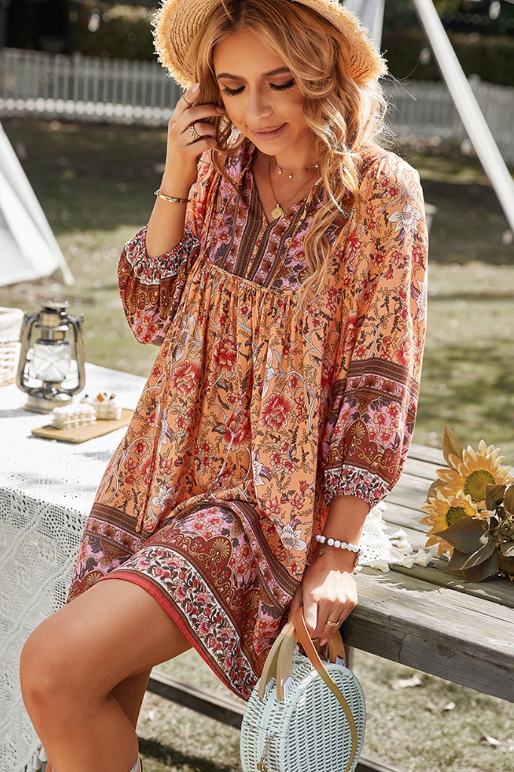 Honeybee Mumford's Bohemian Floral Tie Neck Balloon Sleeve Dress