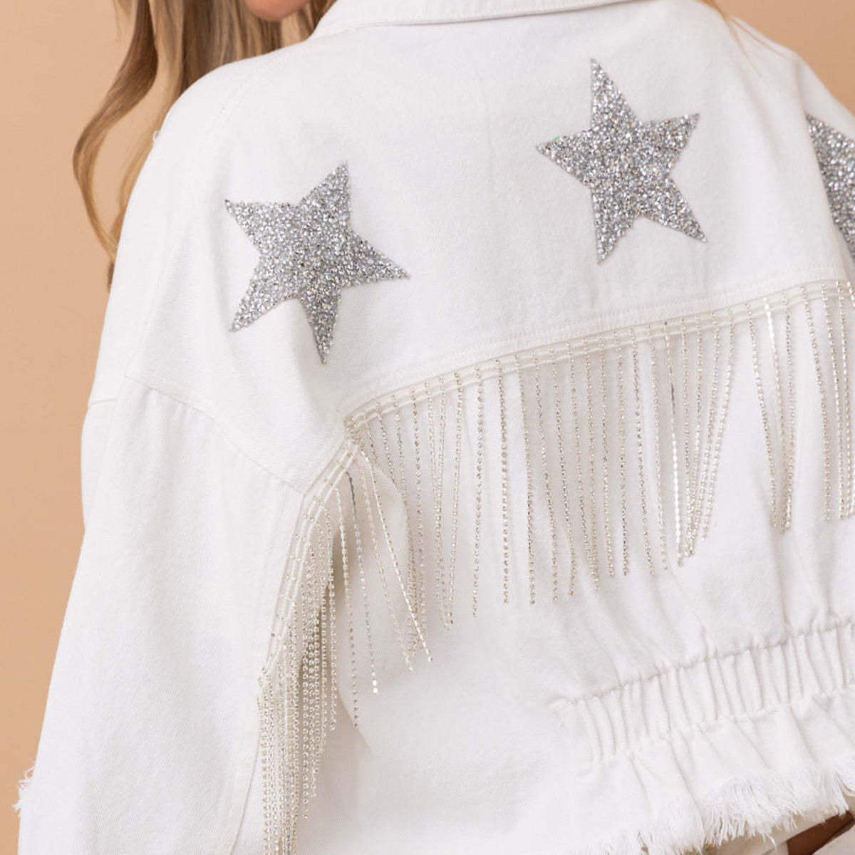 Honeybee Mumford's Star Raw Hem Fringe Detail Denim Jacket