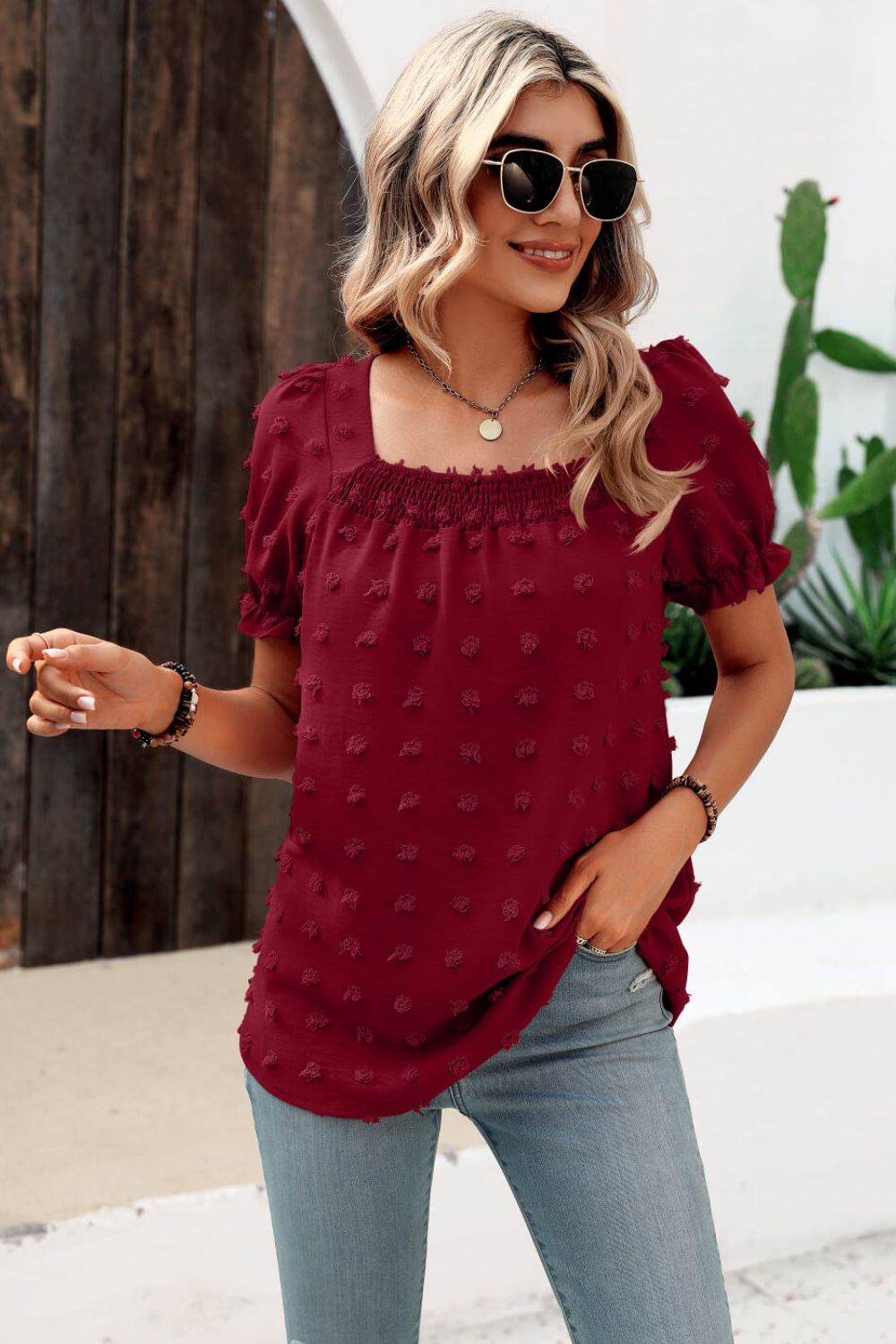 Honeybee Mumford's Swiss Dot Puff Sleeve Square Neck Blouse