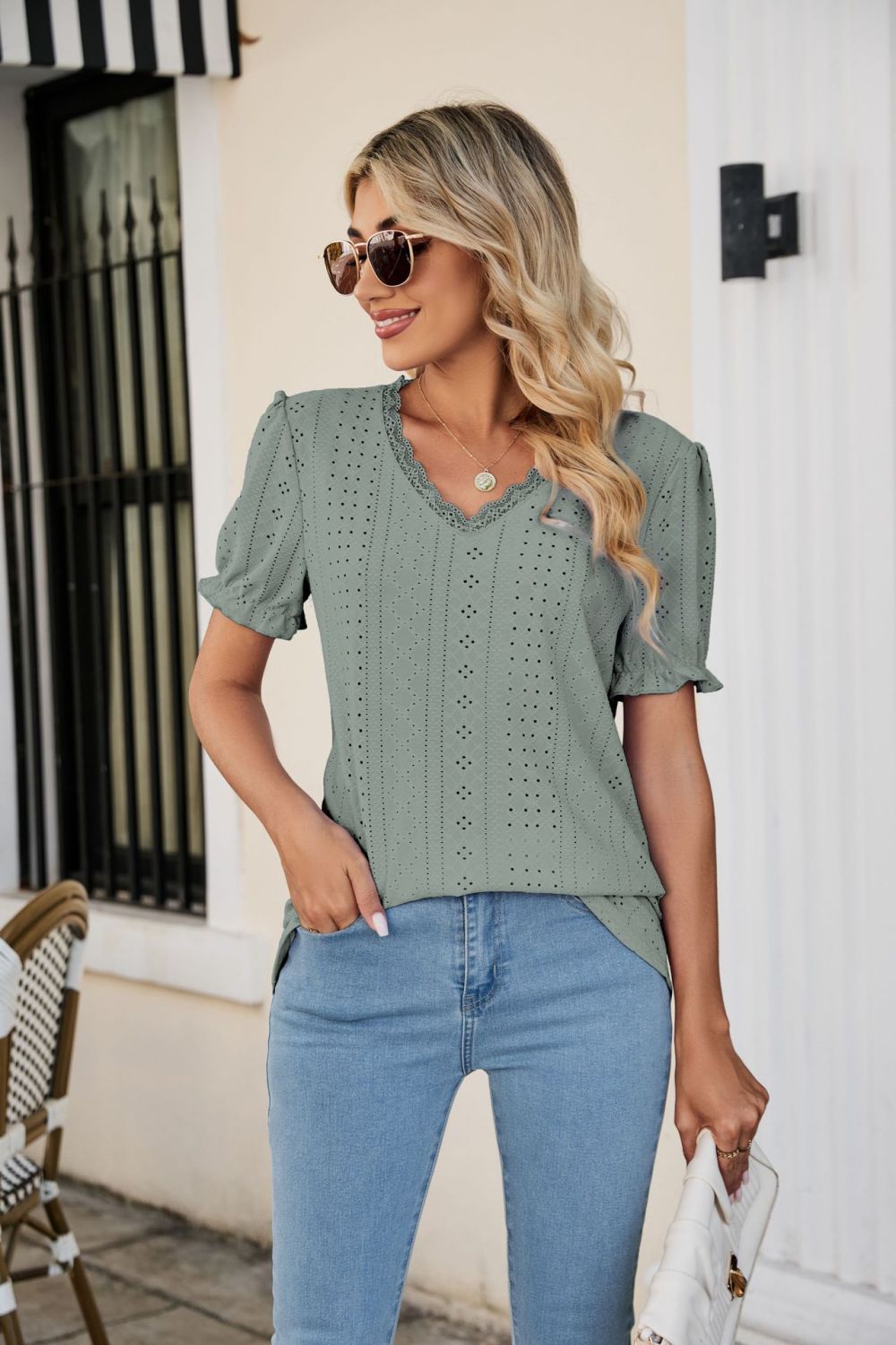 Honeybee Mumford's Eyelet Flounce Sleeve Scalloped V-Neck Top