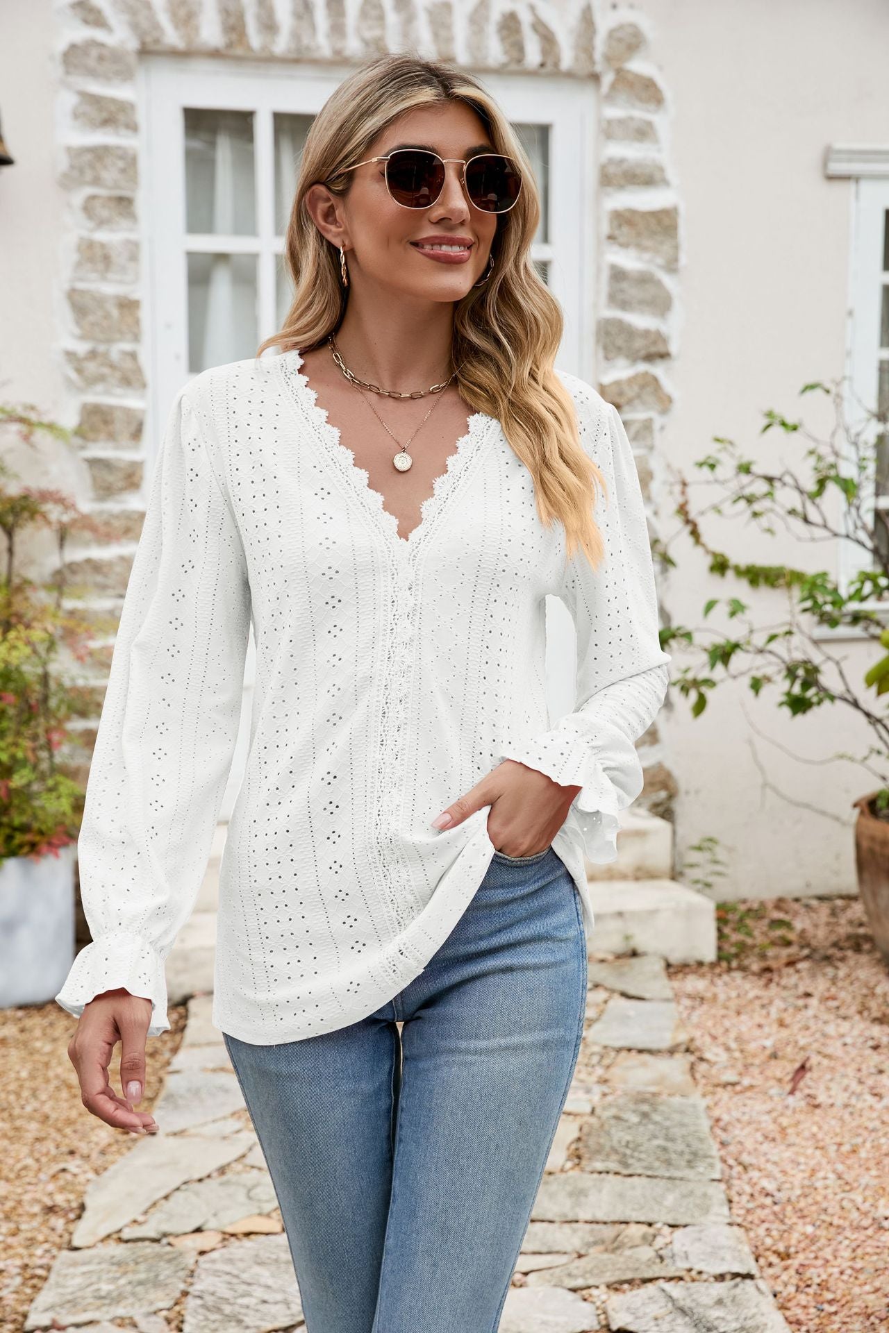 Honeybee Mumford's Eyelet Lace Trim Flounce Sleeve Blouse