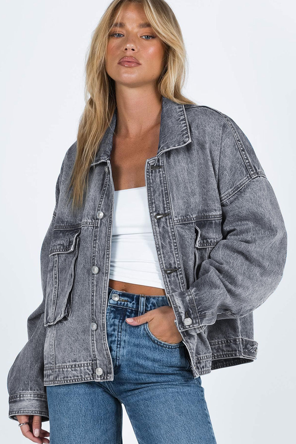 Honeybee Mumford's Gray Chest Pockets Drop Shoulder Loose Denim Jacket