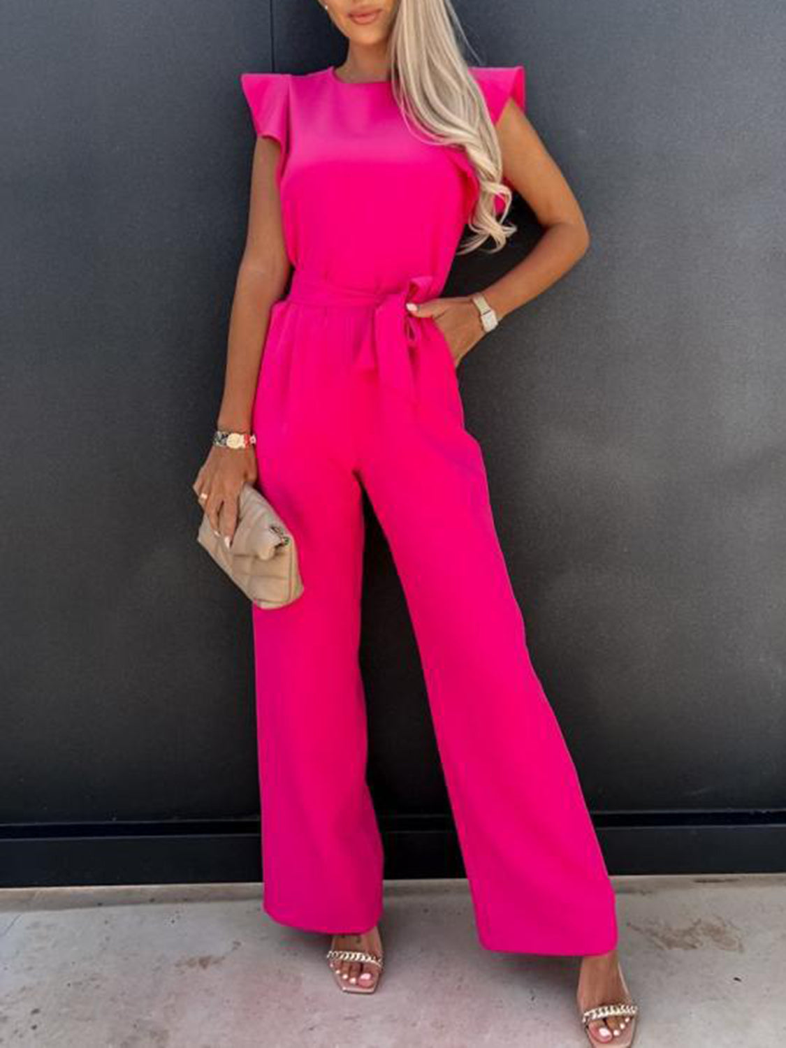 Honeybee Mumford's Ruffled Round Neck Cap Sleeve Jumpsuit