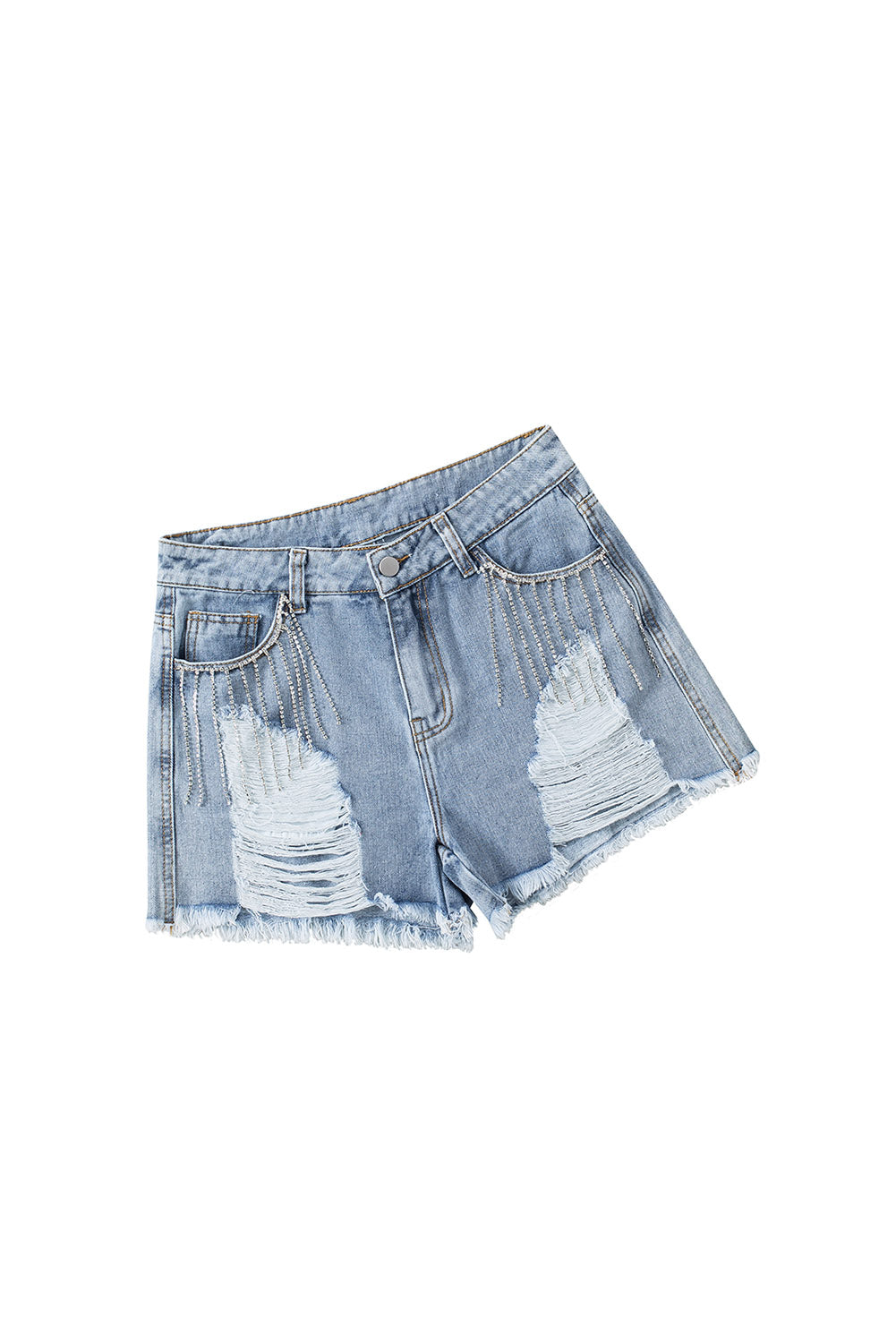 Honeybee Mumford's Sky Blue Rhinestone Tassel Distressed Denim Shorts