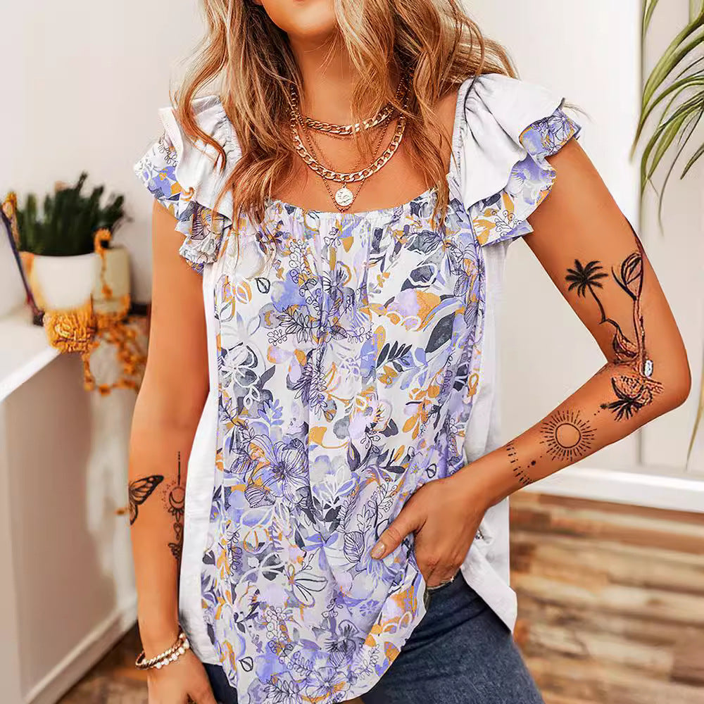 Honeybee Mumford's Ruffled Floral Square Neck Cap Sleeve Blouse