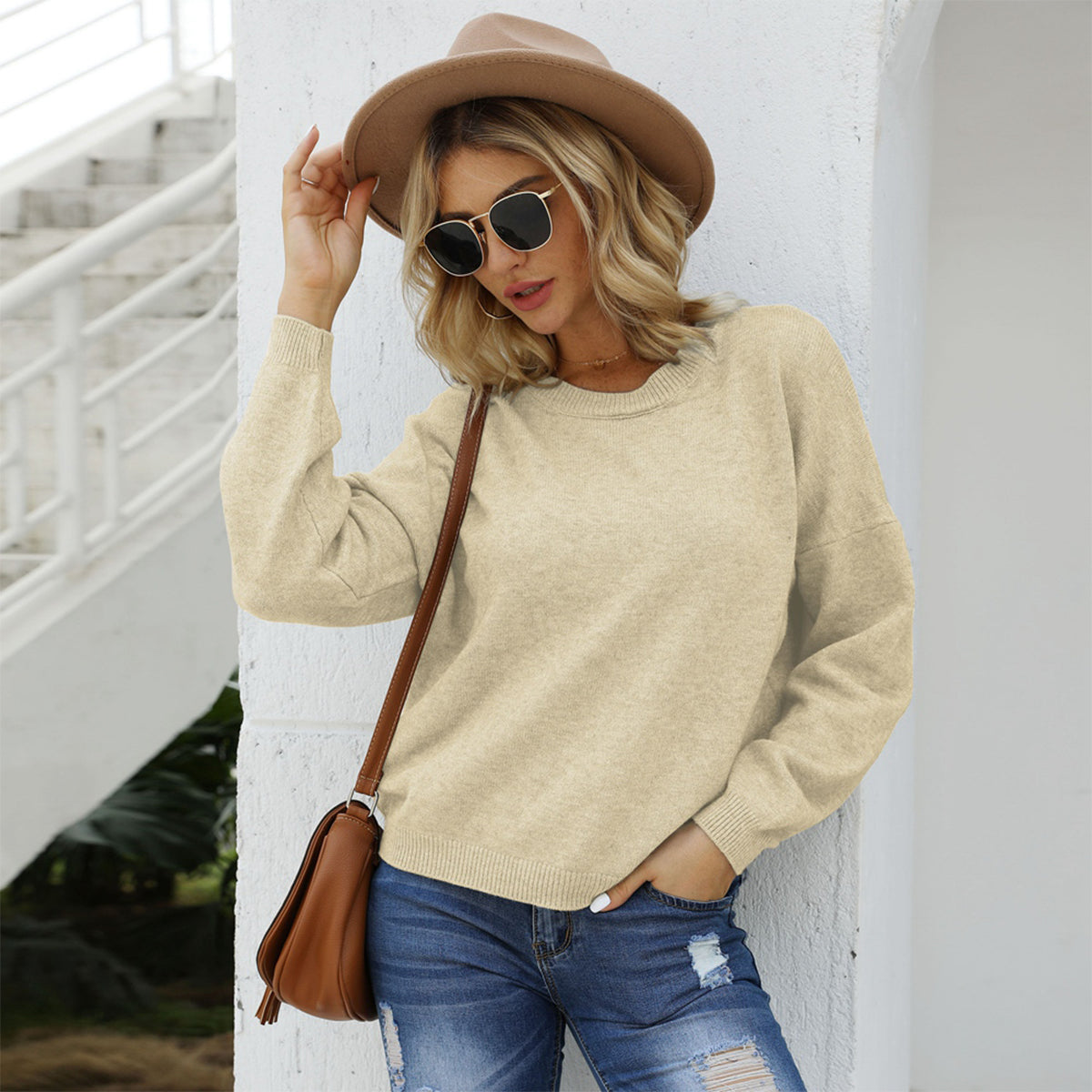 Honeybee Mumford's Round Neck Long Sleeve Drop Shoulder Sweater