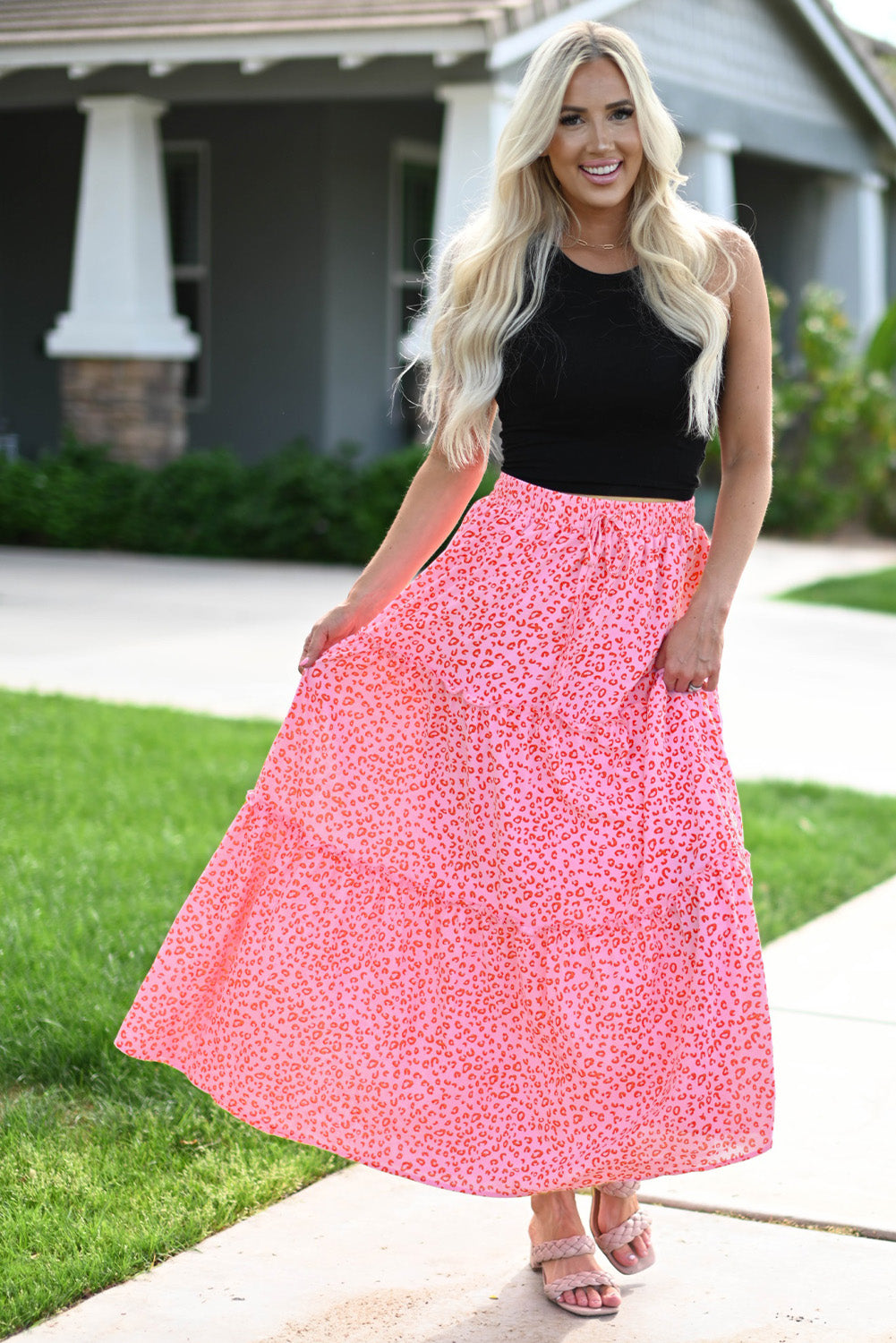 Honeybee Mumford's Pink Leopard Print Frilled Drawstring High Waist Maxi Skirt