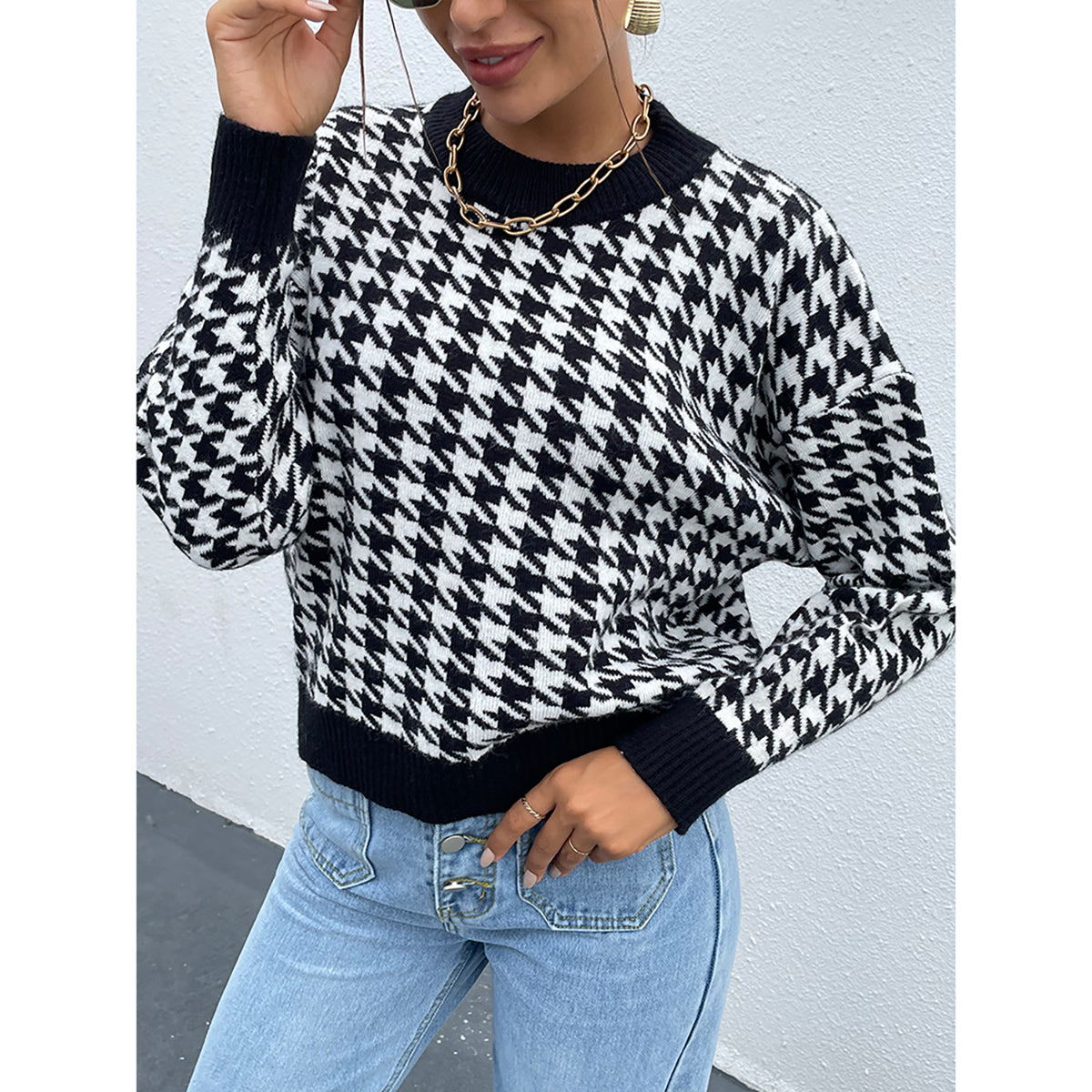 Honeybee Mumford's Houndstooth Round Neck Drop Shoulder Sweater