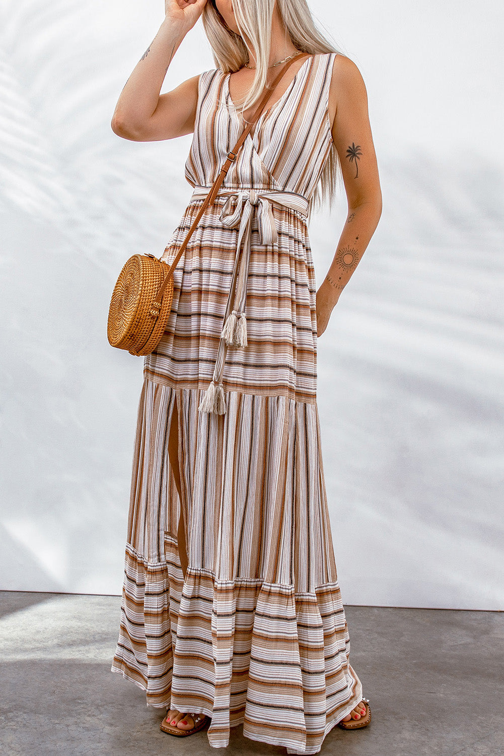 Honeybee Mumford's Striped Tie Waist Slit Sleeveless Dress