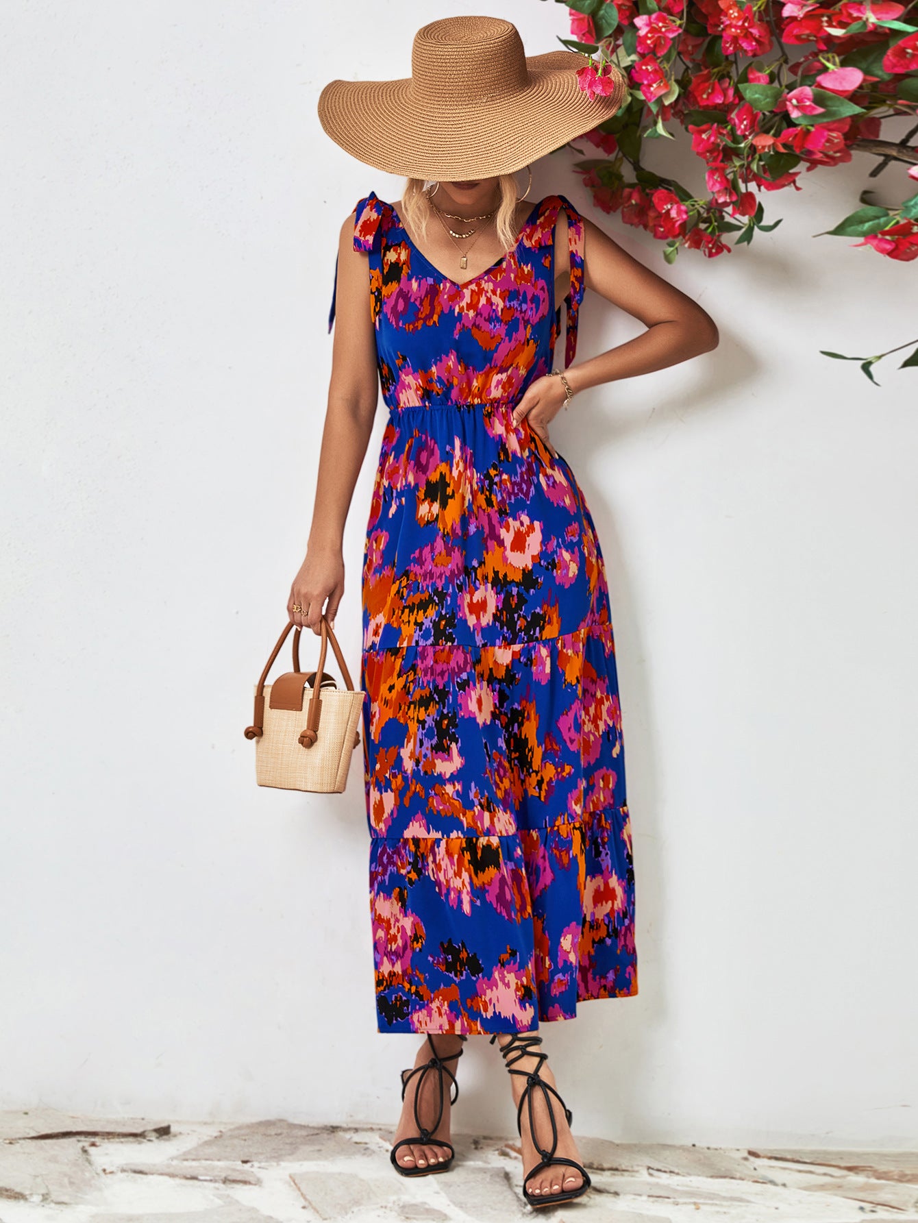 Honeybee Mumford's Multicolored V-Neck Backless Midi Dress