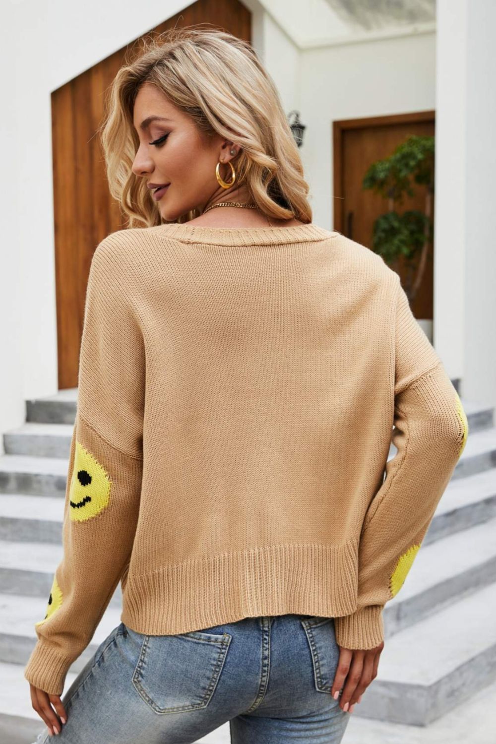 Honeybee Mumford's Smiley Face Ribbed Trim V-Neck Cardigan