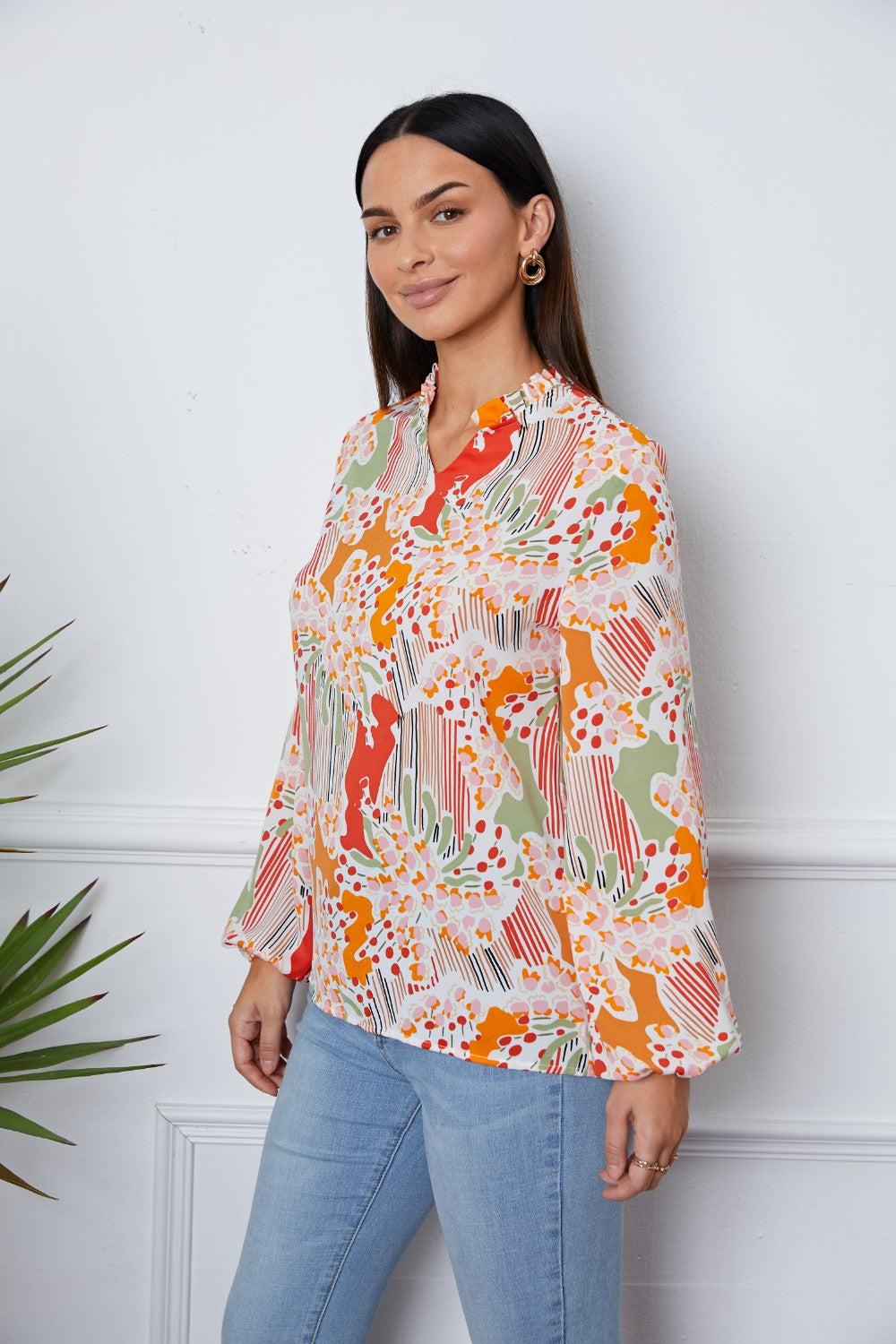 Honeybee Mumford's Floral Frill Notched Long Sleeve Blouse