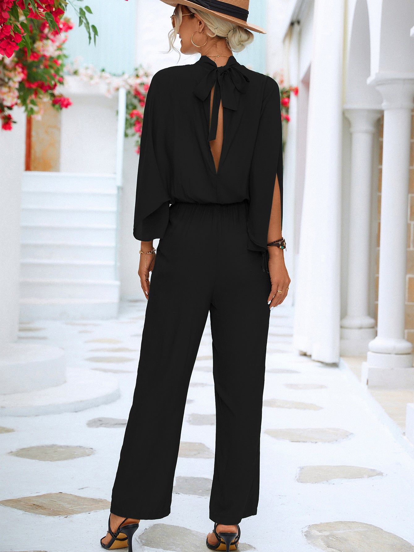 Honeybee Mumford's Tie Back Mock Neck Split Sleeve Jumpsuit