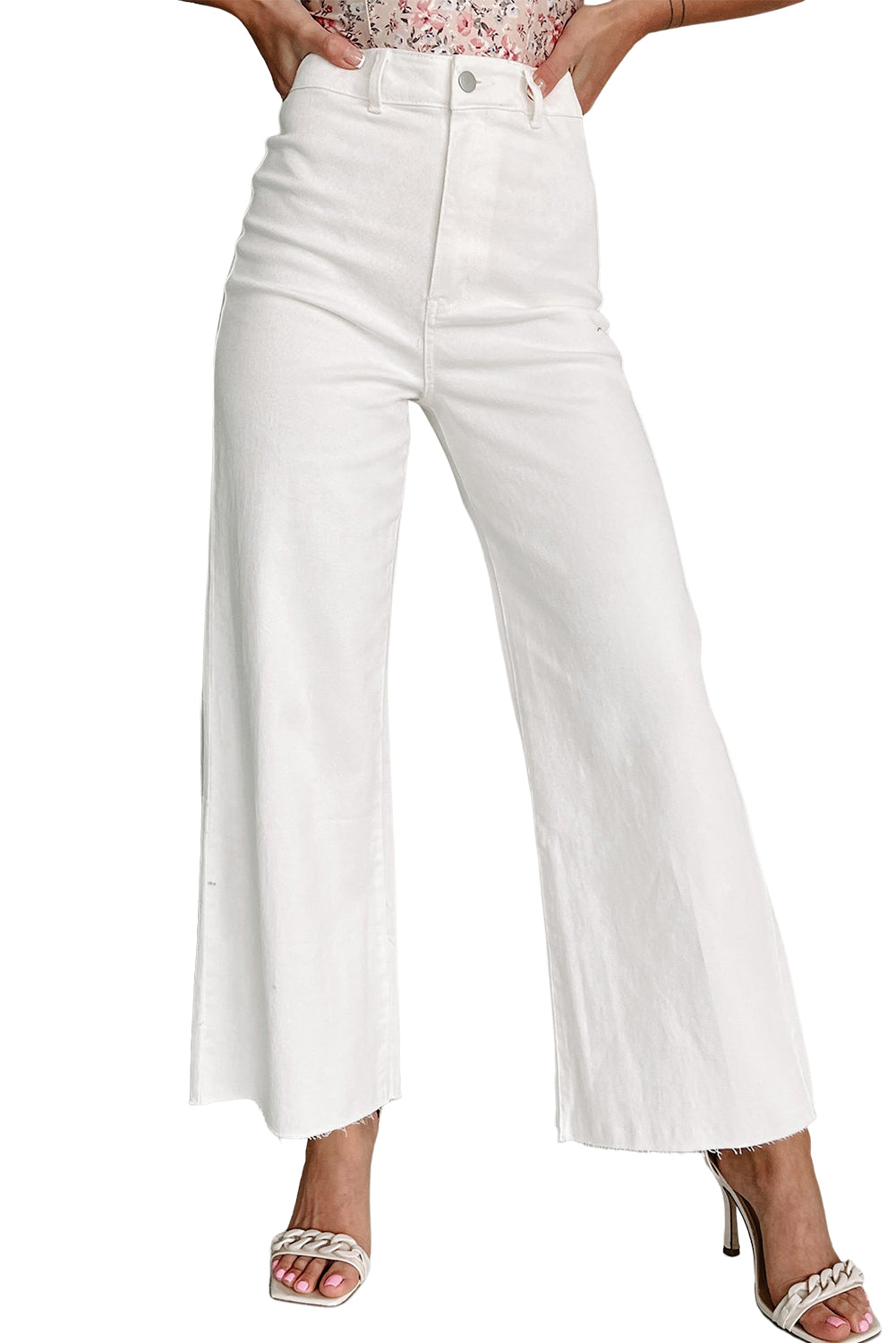 Honeybee Mumford's White Solid Raw Hem Wide Leg Crop Jeans