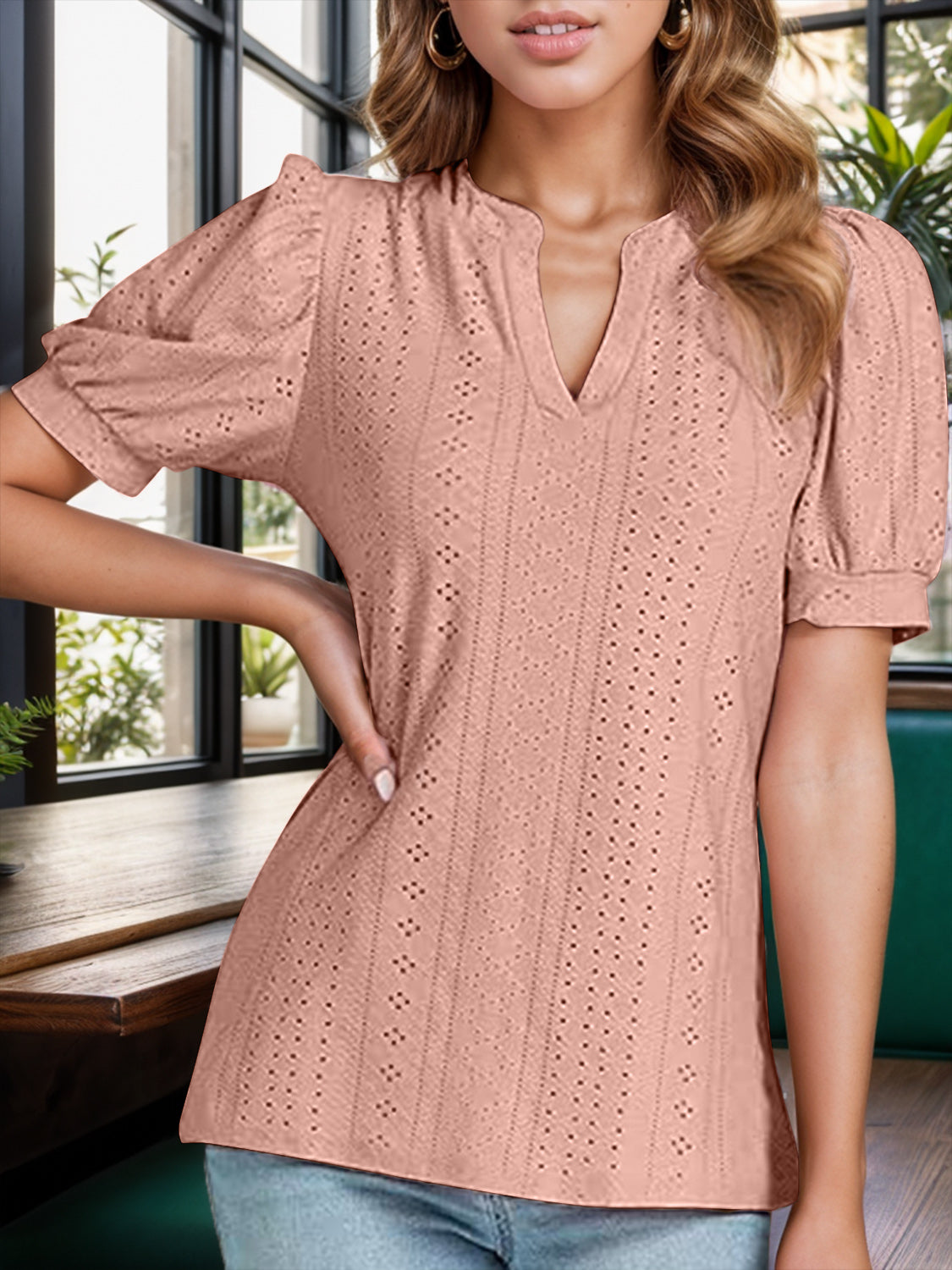 Honeybee Mumford's Eyelet Notched Short Sleeve Blouse