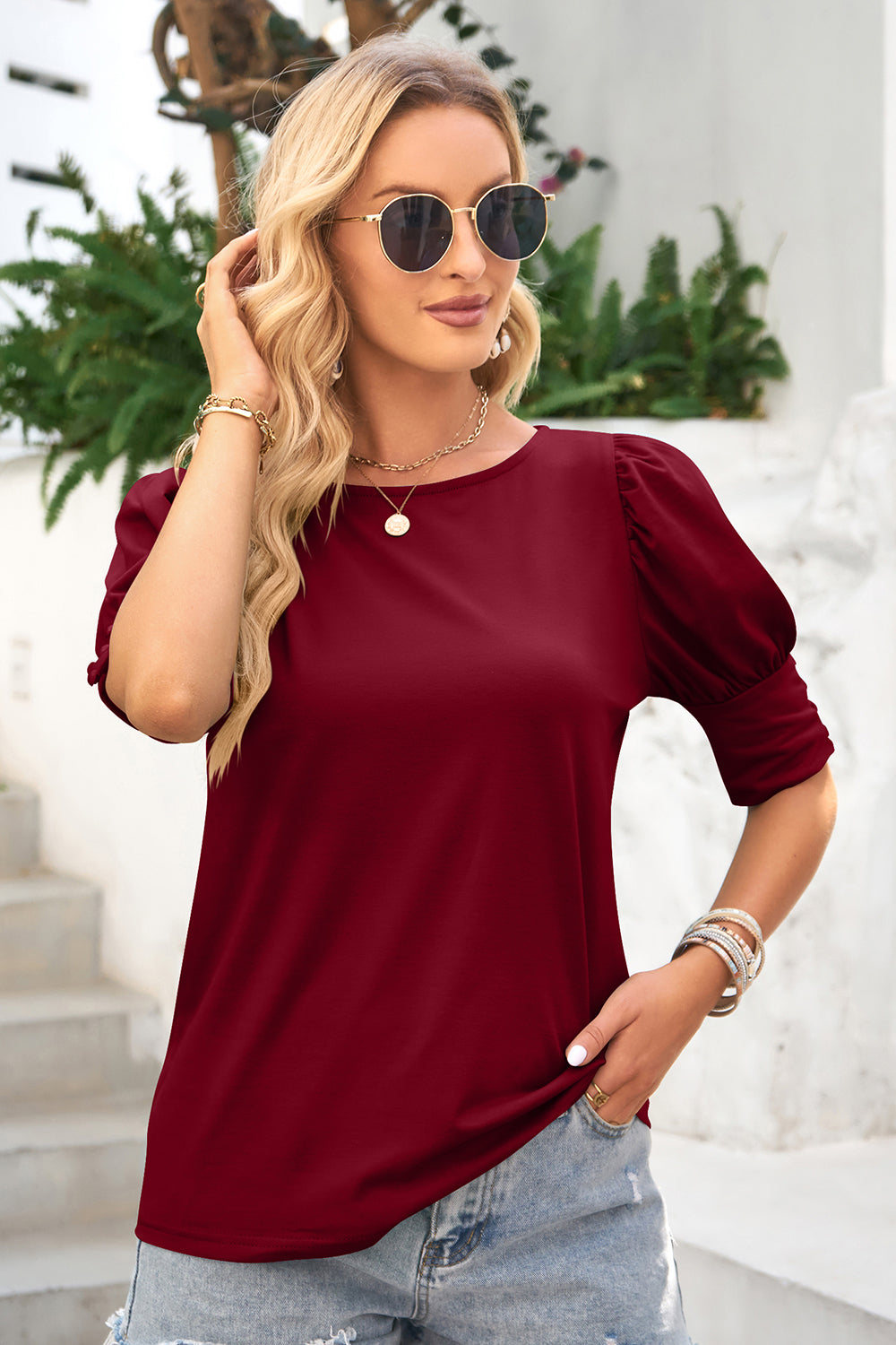 Honeybee Mumford's Round Neck Lantern Sleeve Blouse