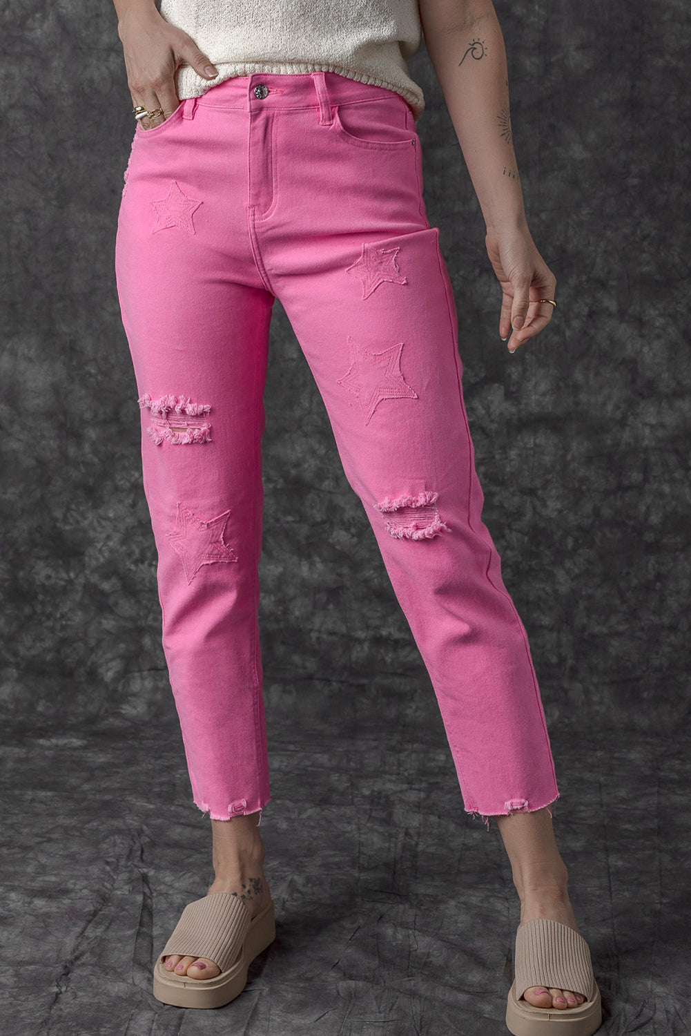 Honeybee Mumford's Pink Star Shape Patchwork Mid Waist Straight Leg Jeans