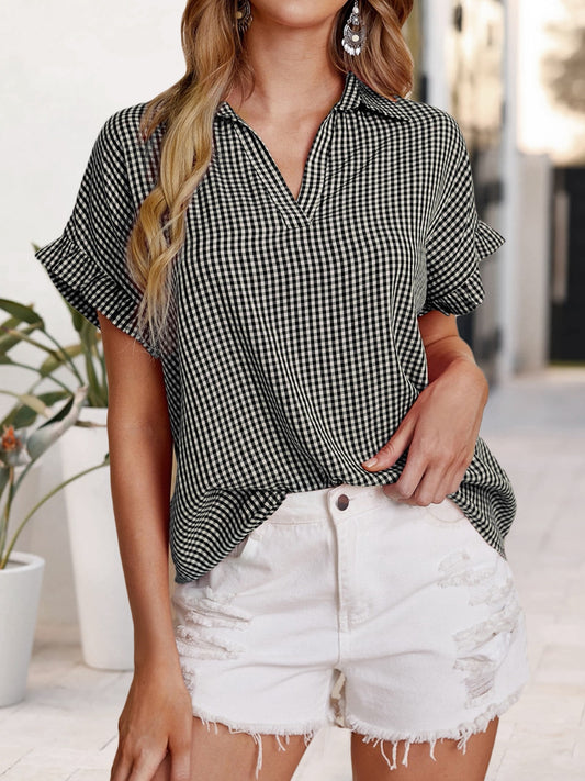 Honeybee Mumford's Plaid Notched Short Sleeve Blouse