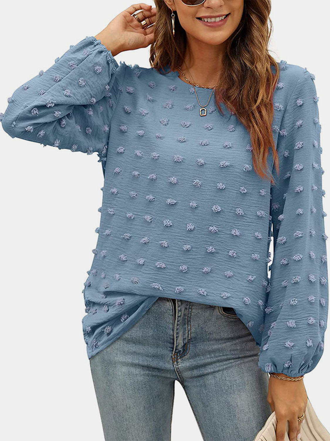 Honeybee Mumford's Swiss Dot Round Neck Long Sleeve Blouse