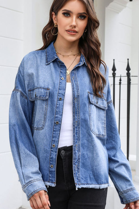 Honeybee Mumford's Raw Hem Pocketed Collared Neck Denim Jacket