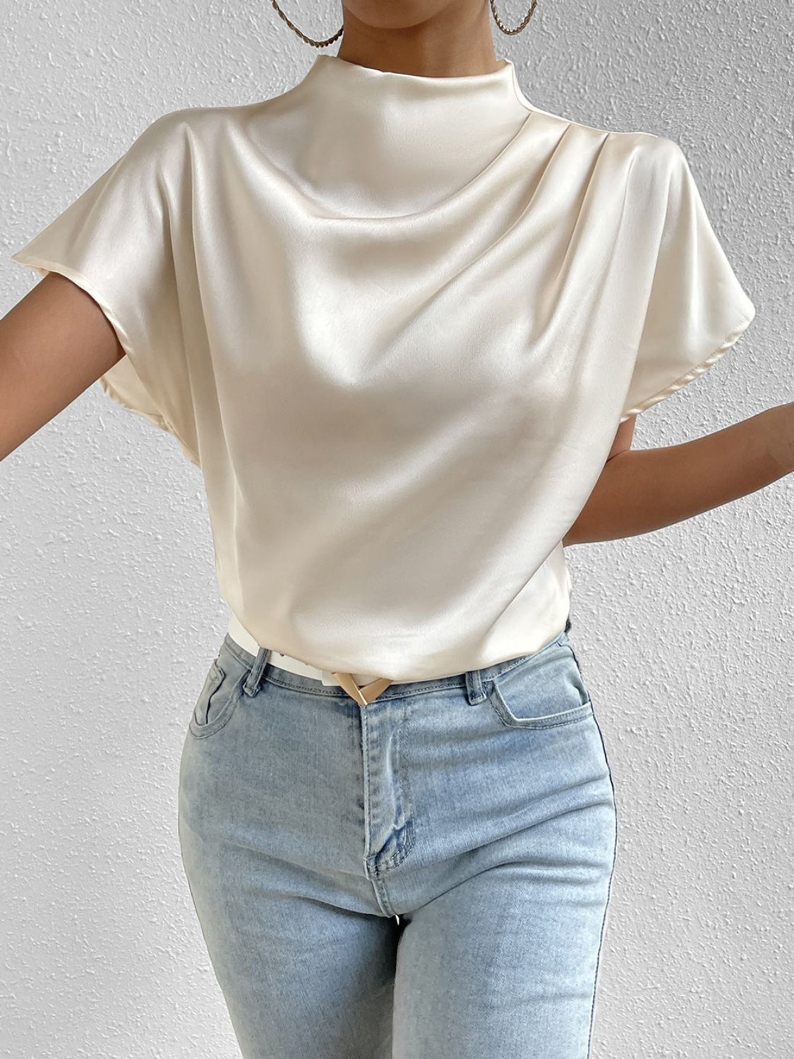 Honeybee Mumford's Ruched Mock Neck Short Sleeve Blouse