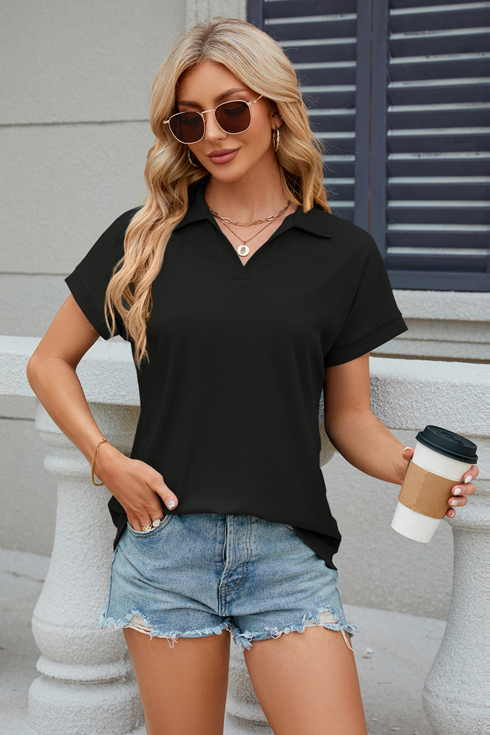 Honeybee Mumford's Johnny Collar Short Sleeve Blouse