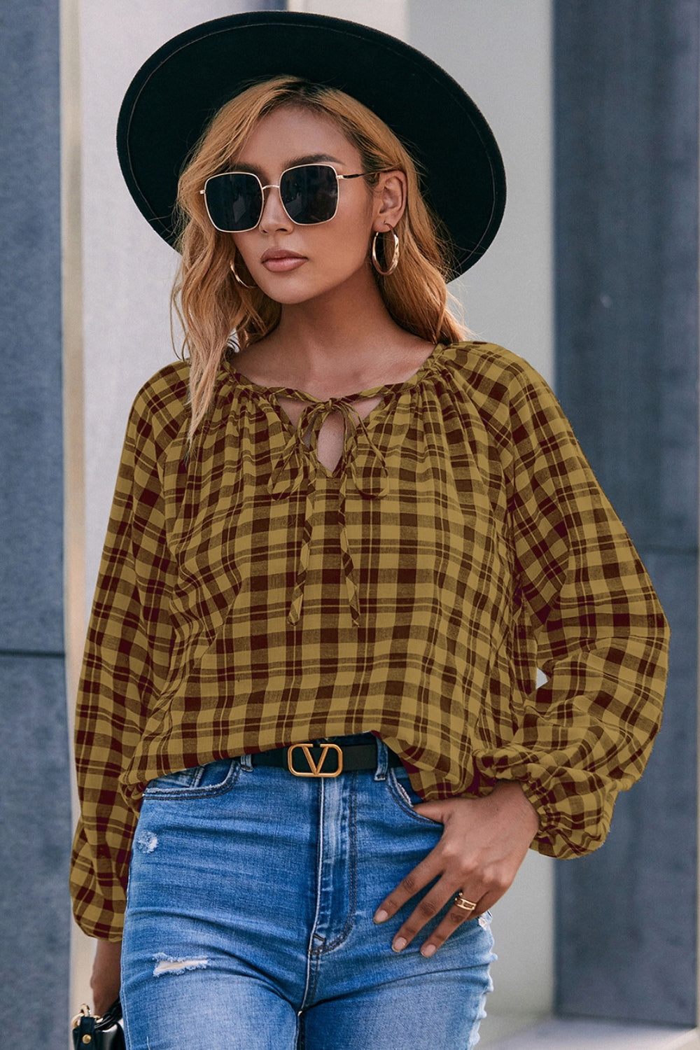 Honeybee Mumford's Plaid Tie Neck Balloon Sleeve Blouse