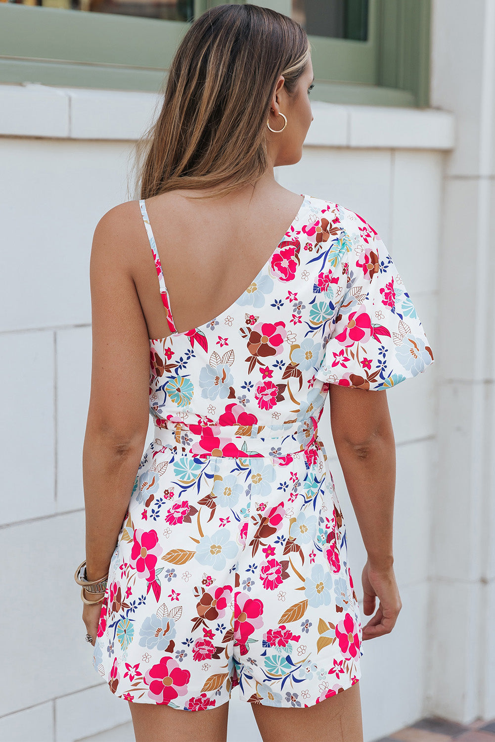 Honeybee Mumford's White Floral Single Bubble Sleeve Slant Shoulder Romper