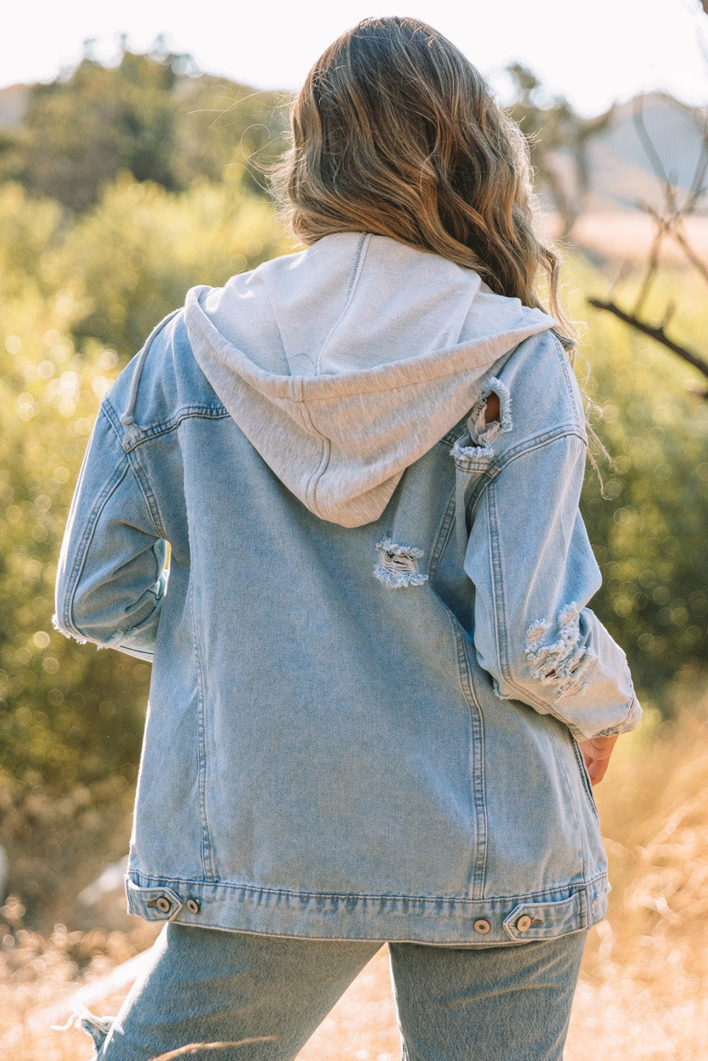 Honeybee Mumford's Sky Blue Button Closure Ripped Hooded Denim Jacket