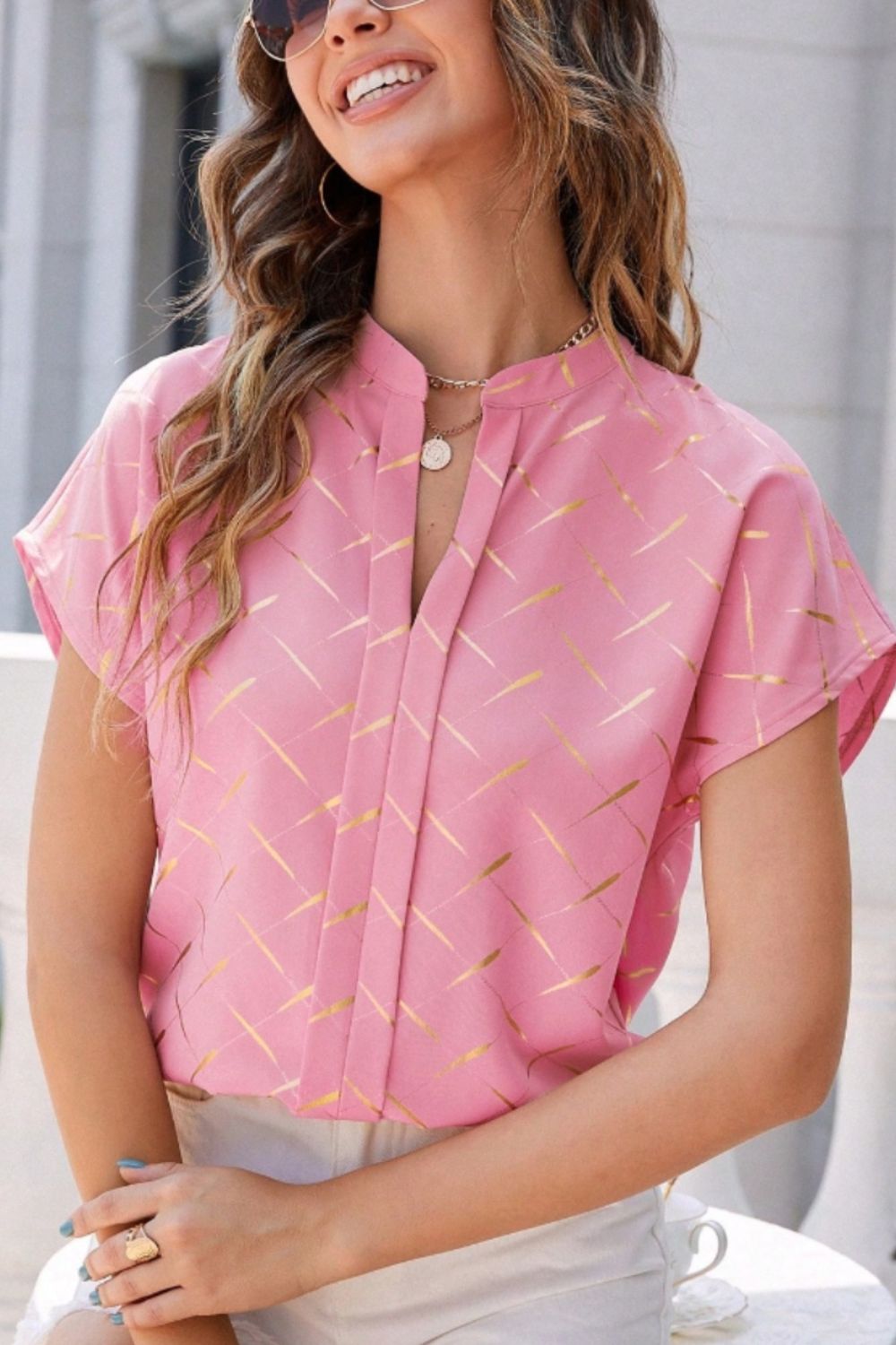 Honeybee Mumford's Printed Notched Short Sleeve Blouse