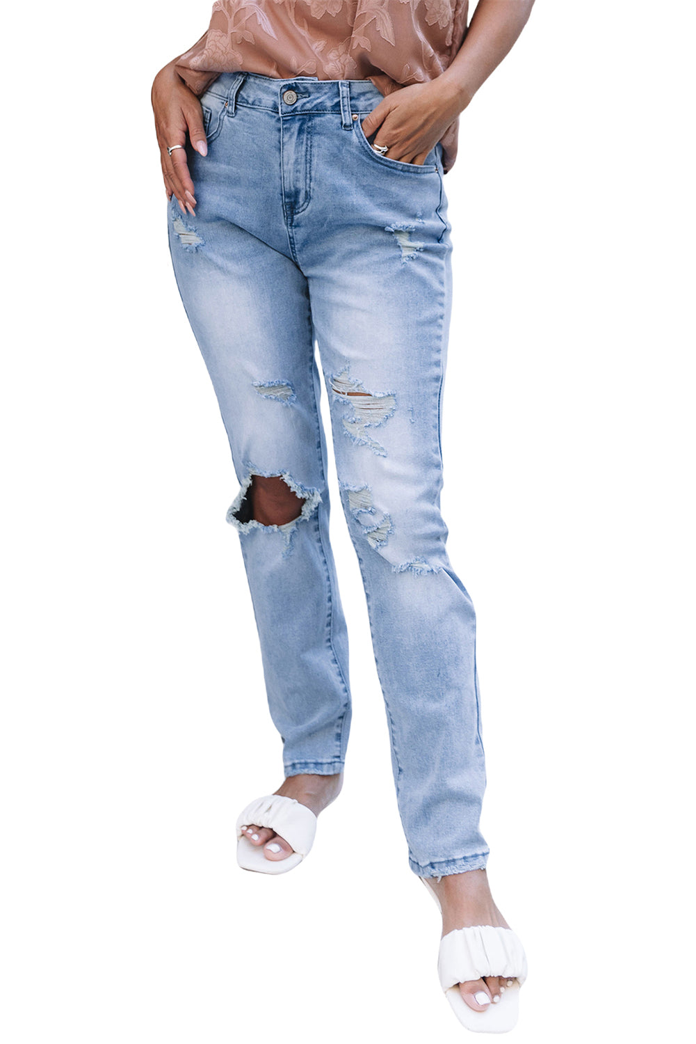 Honeybee Mumford's Light Blue Distressed Holes Straight Jeans