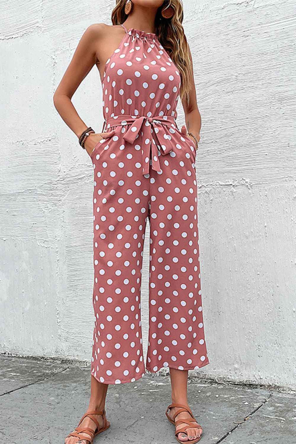 Honeybee Mumford's Polka Dot Grecian Wide Leg Jumpsuit