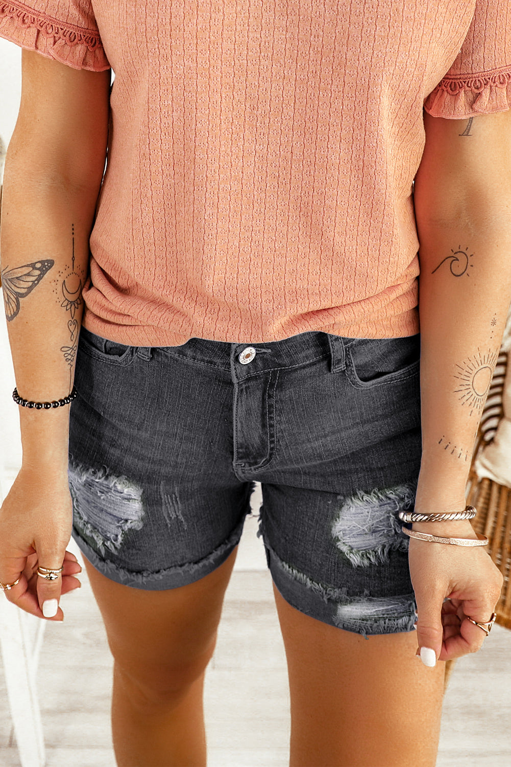 Honeybee Mumford's Distressed Ripped Rolled Hem Black Denim Shorts