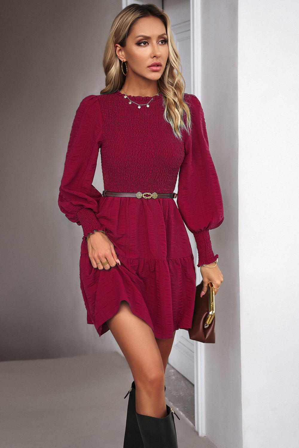 Honeybee Mumford's Smocked Lantern Sleeve Mini Dress