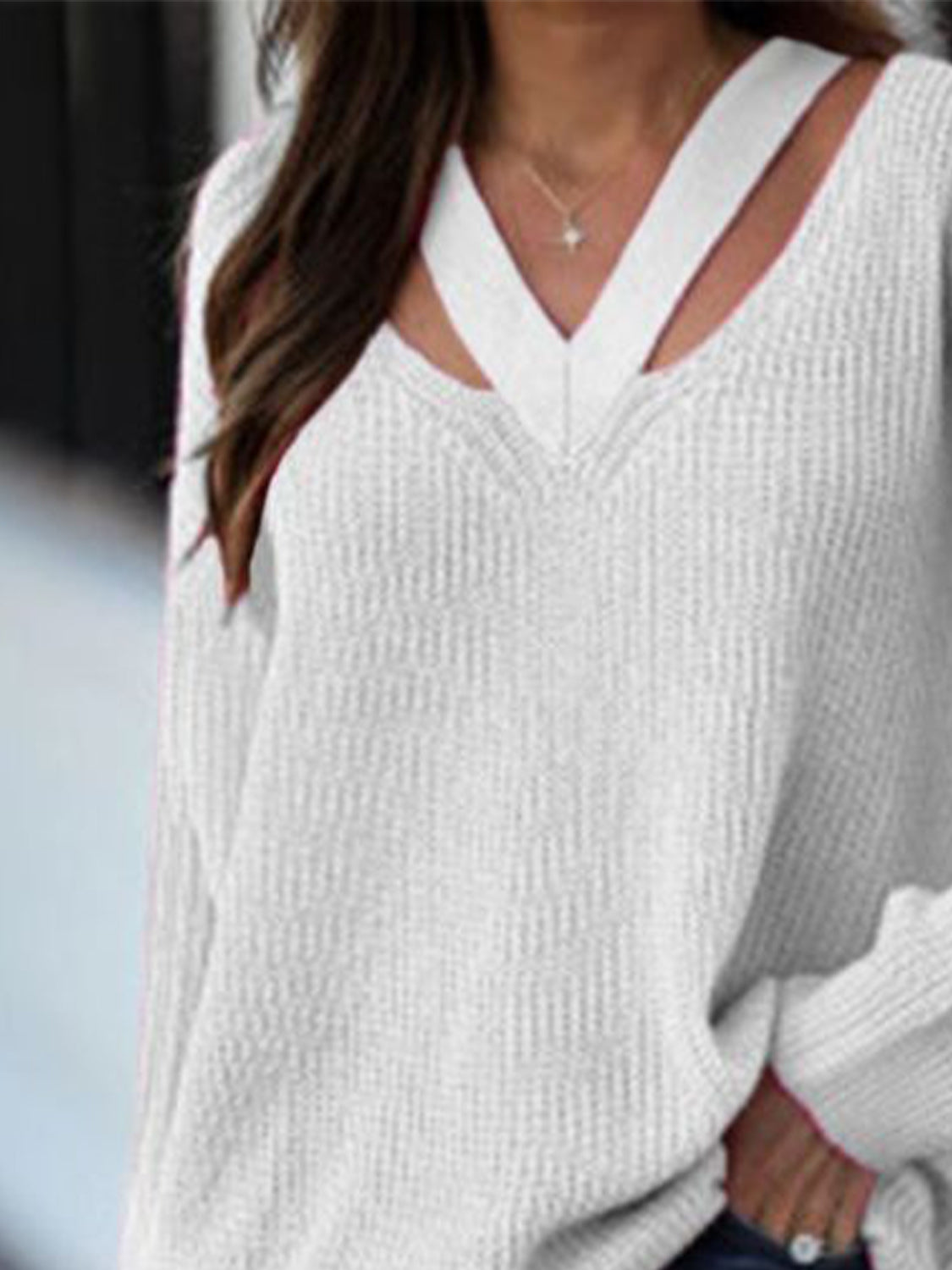 Honeybee Mumford's Full Size Cutout V-Neck Rib-Knit Sweater