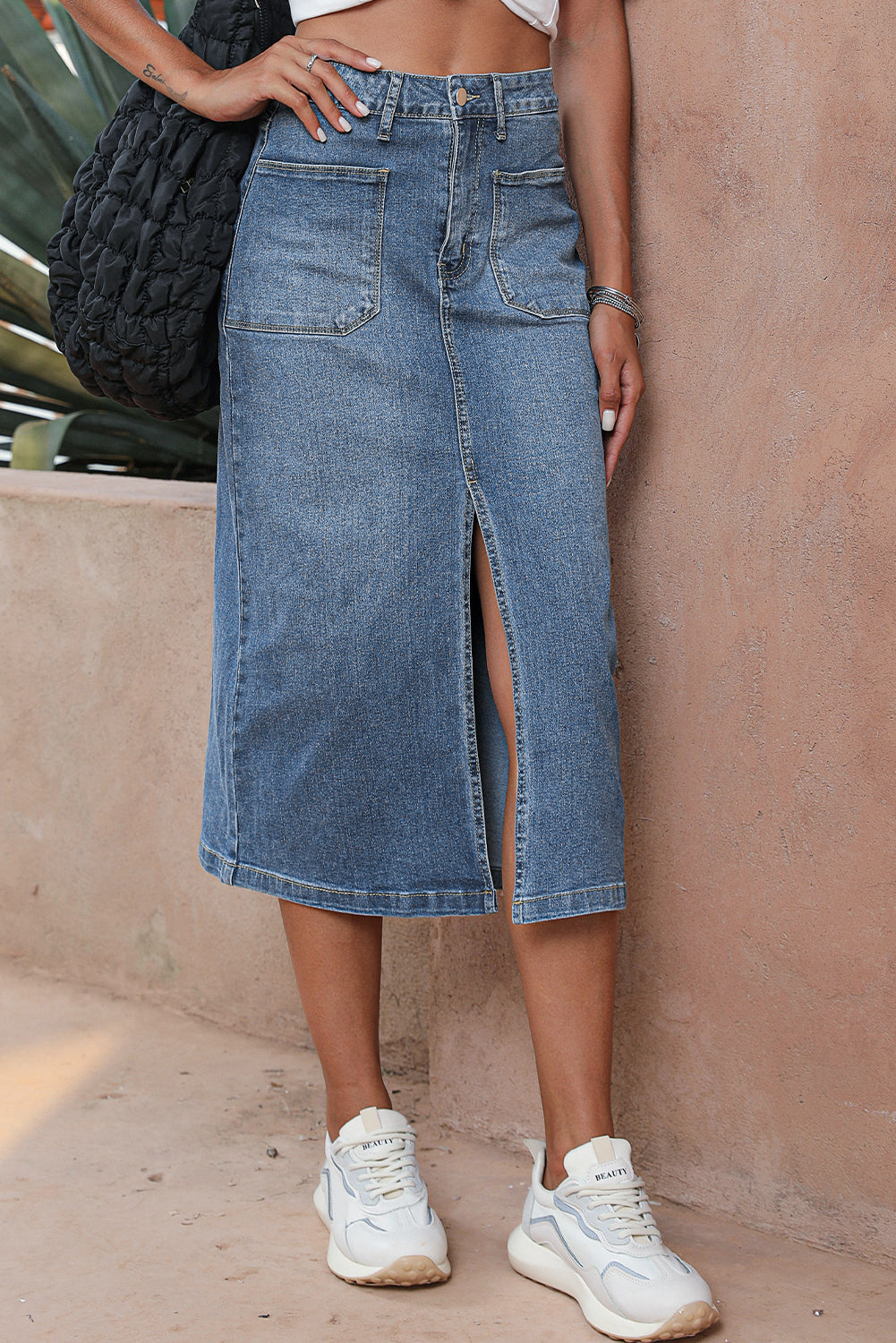 Honeybee Mumford's Sky Blue 4 Patch Pockets Front Slit Midi Denim Skirt