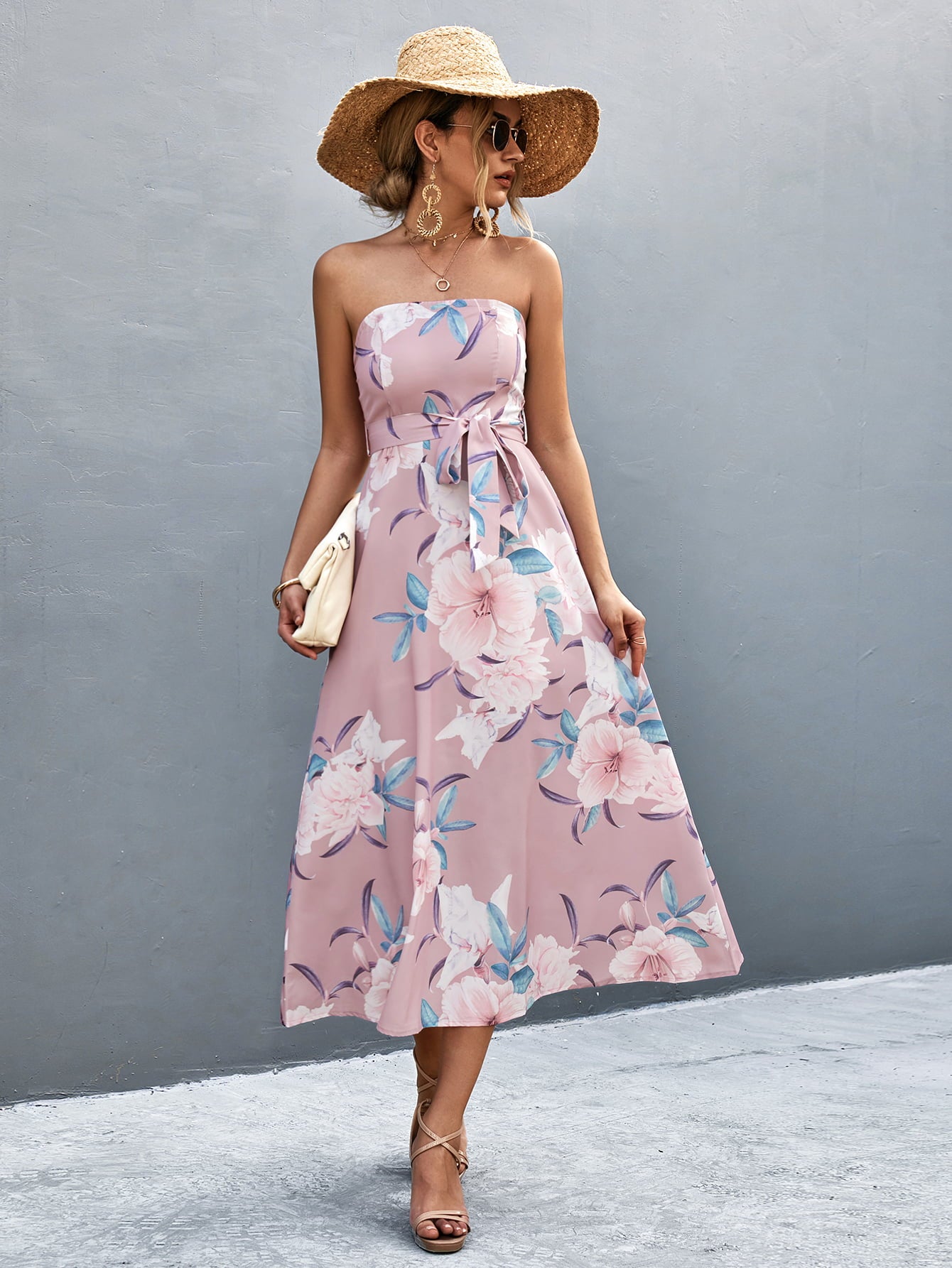 Honeybee Mumford's Floral Print Tie Waist Straight Neck Midi Dress