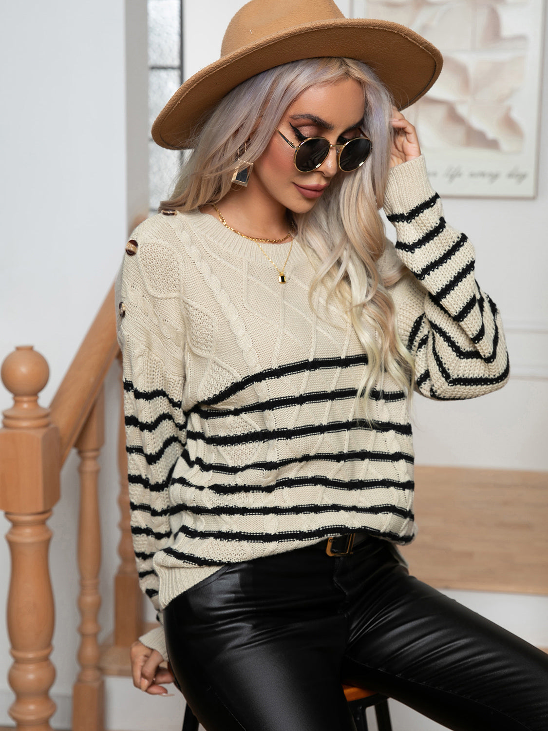 Honeybee Mumford's Striped Round Neck Cable-Knit Sweater