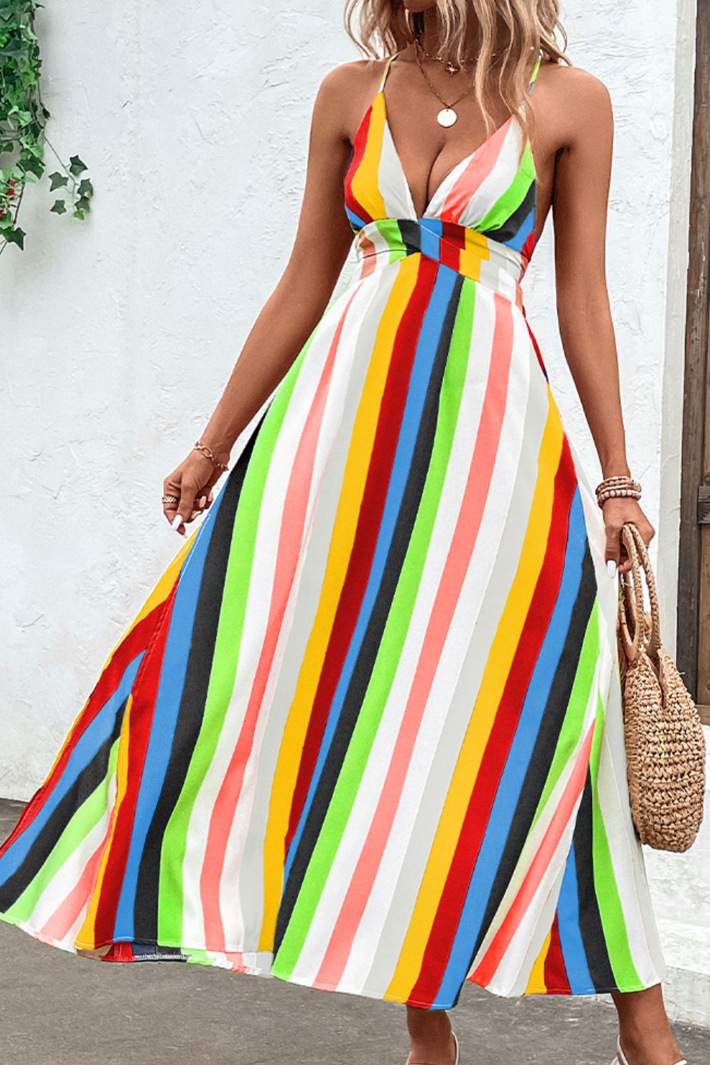 Honeybee Mumford's Multicolored Stripe Crisscross Backless Dress