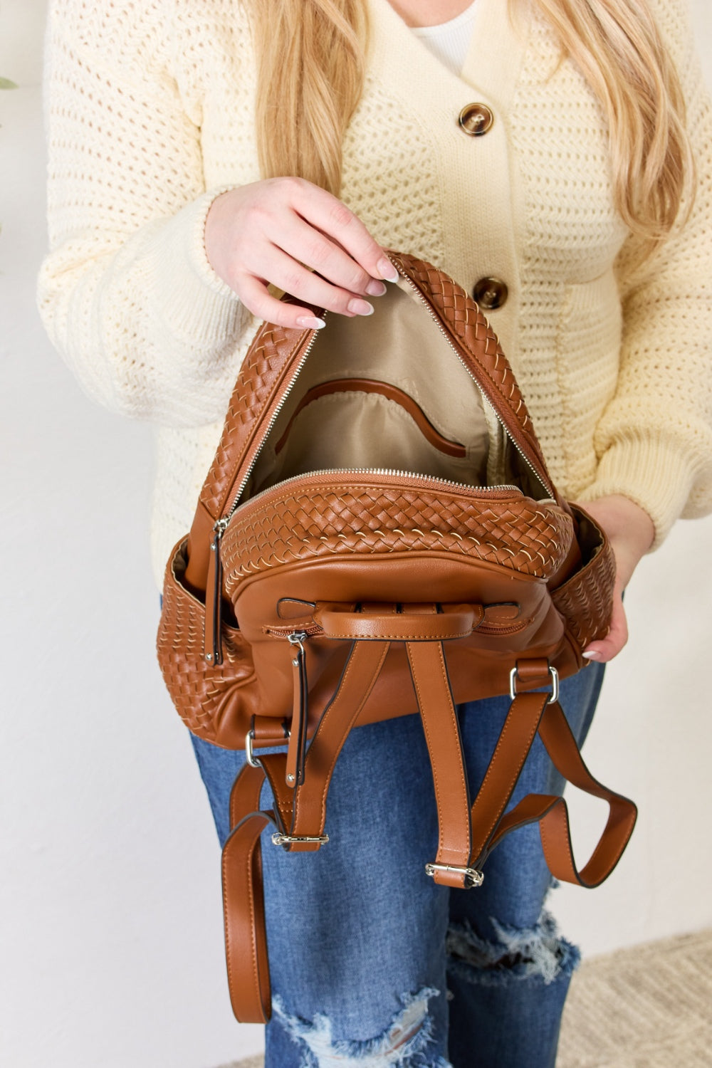 honeybee Mumford's Leather Woven Backpack