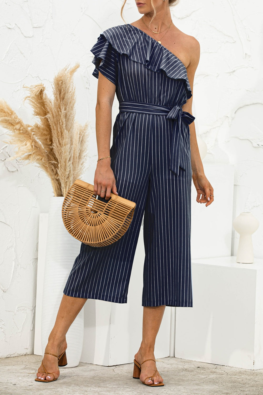 Honeybee Mumford's Ruffled Single Shoulder Tie Waist Jumpsuit