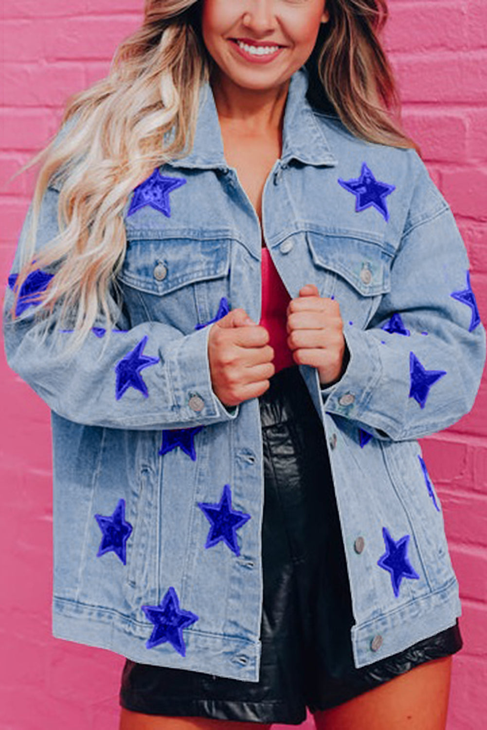 Honeybee Mumford's Bluing Sequin Star Flap Pocket Denim Jacket